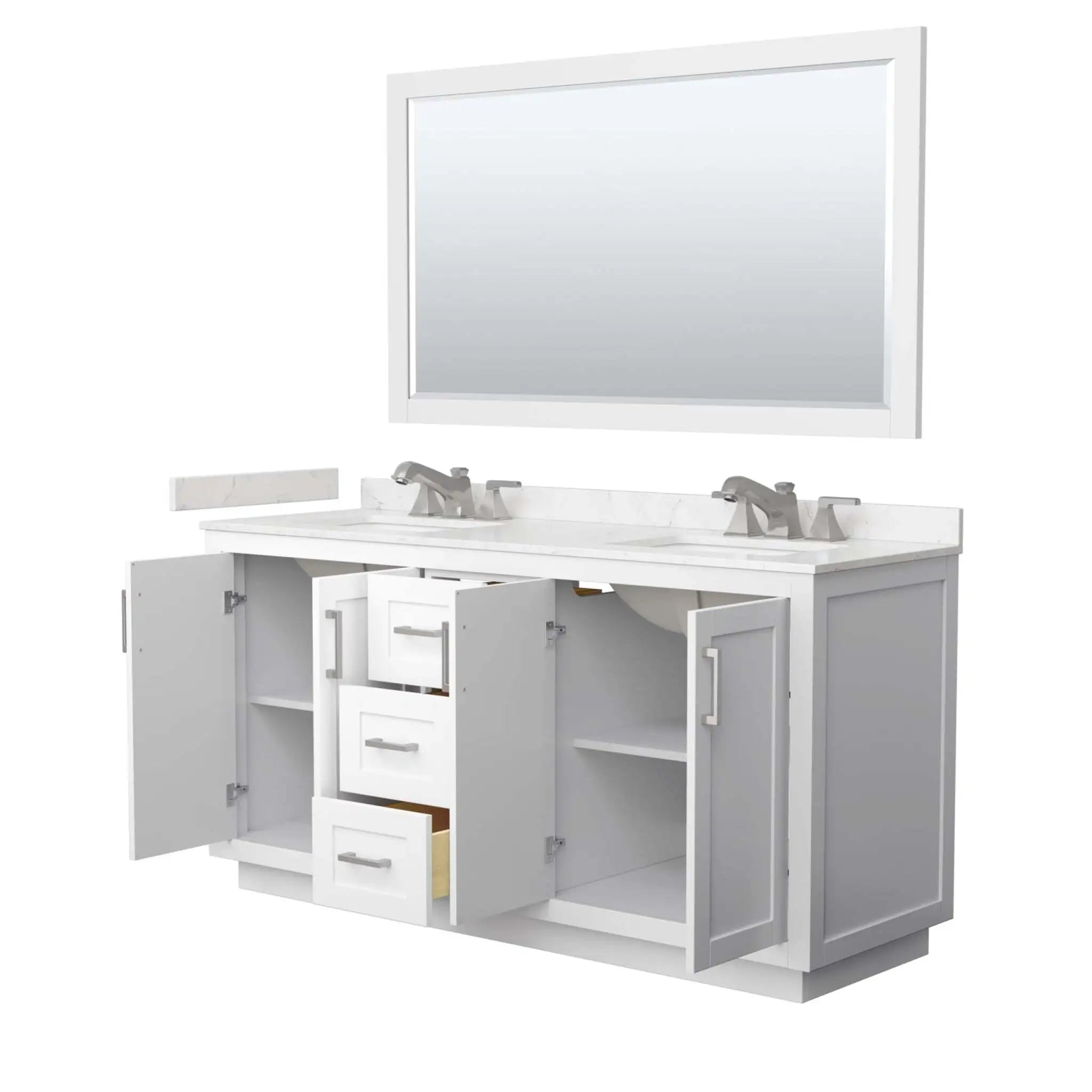 66" Miranda Double Bathroom Vanity in White with Brushed Nickel Trim & 58" Mirror by Wyndham