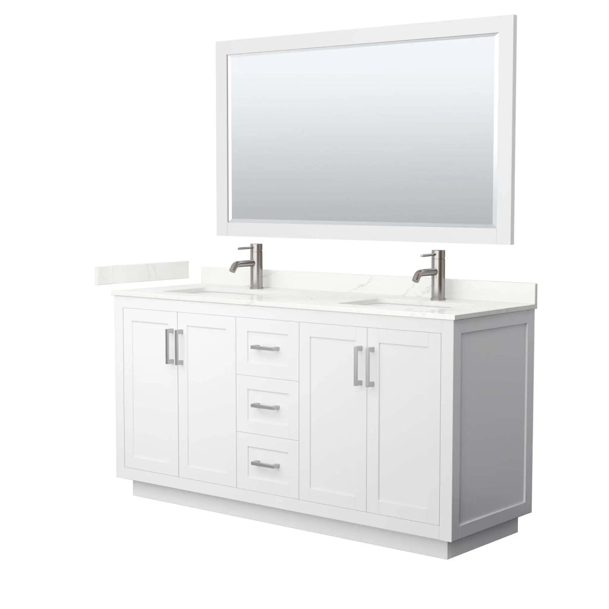 66" Miranda Double Bathroom Vanity in White with Brushed Nickel Trim & 58" Mirror by Wyndham