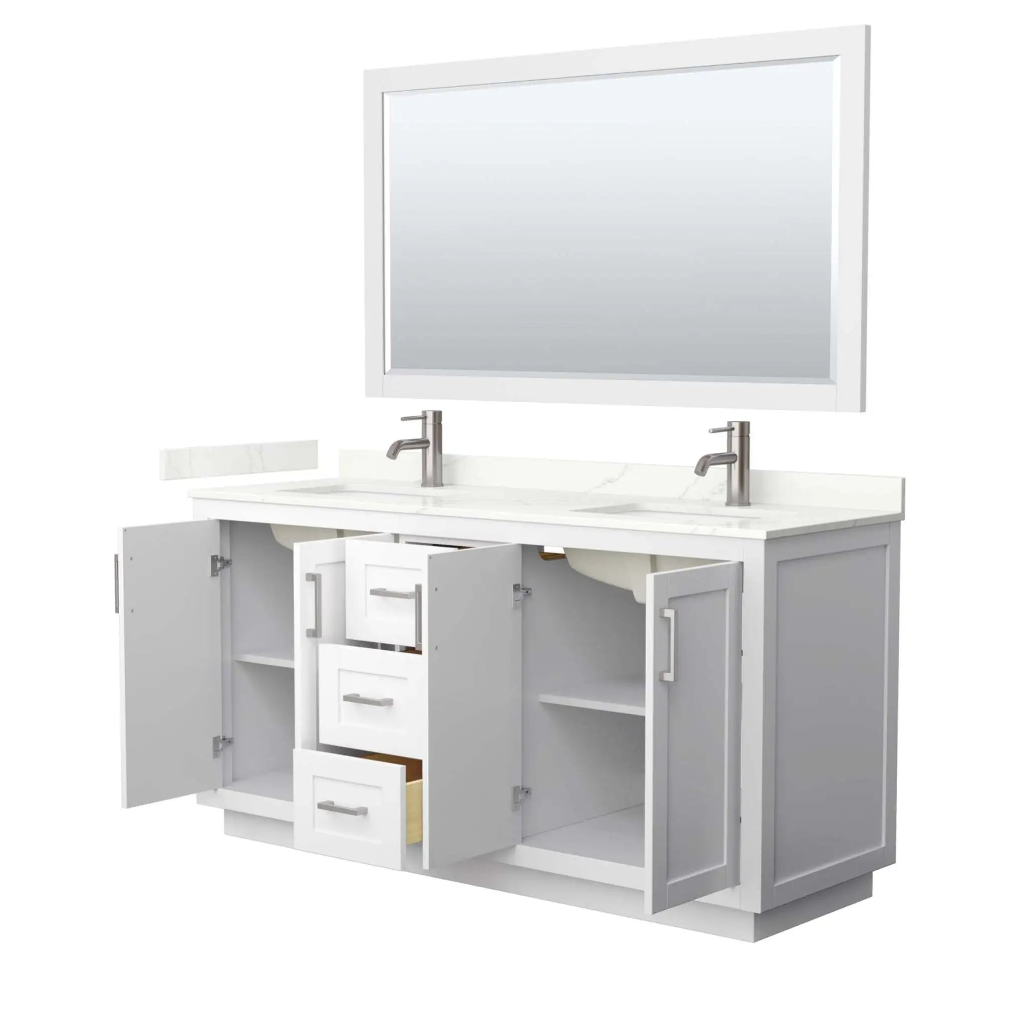 66" Miranda Double Bathroom Vanity in White with Brushed Nickel Trim & 58" Mirror by Wyndham