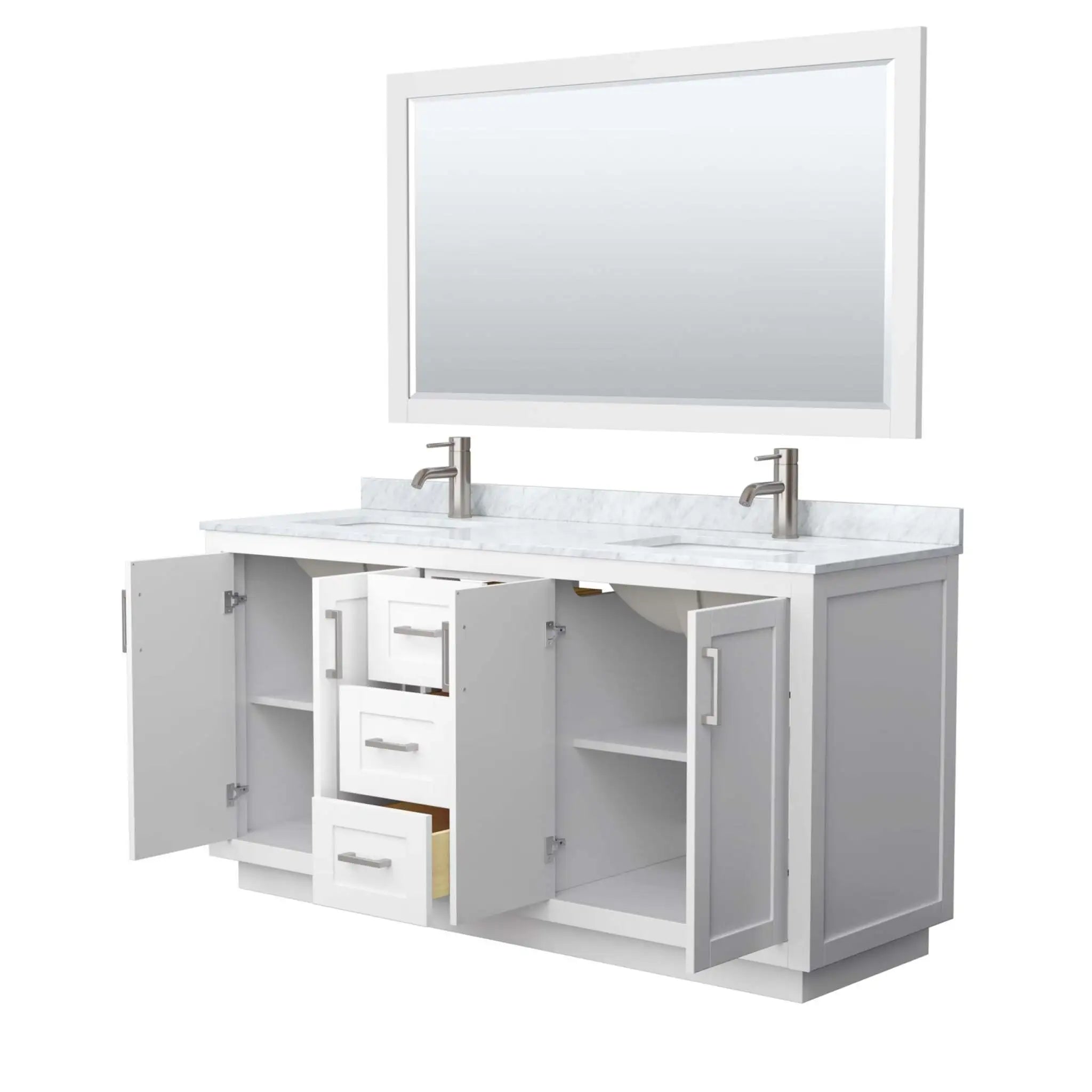 66" Miranda Double Bathroom Vanity in White with Brushed Nickel Trim & 58" Mirror by Wyndham