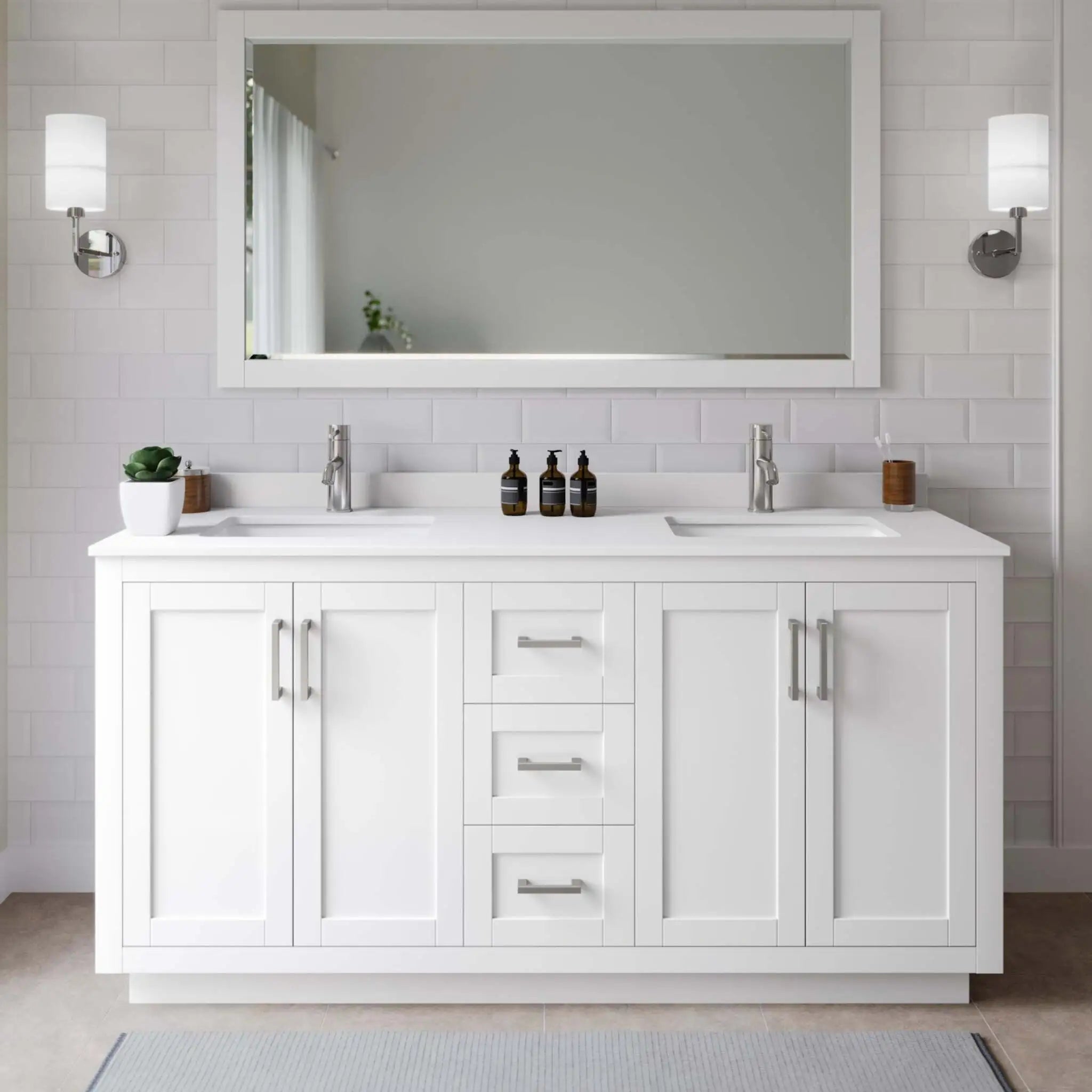 66" Miranda Double Bathroom Vanity in White with Brushed Nickel Trim & 58" Mirror by Wyndham