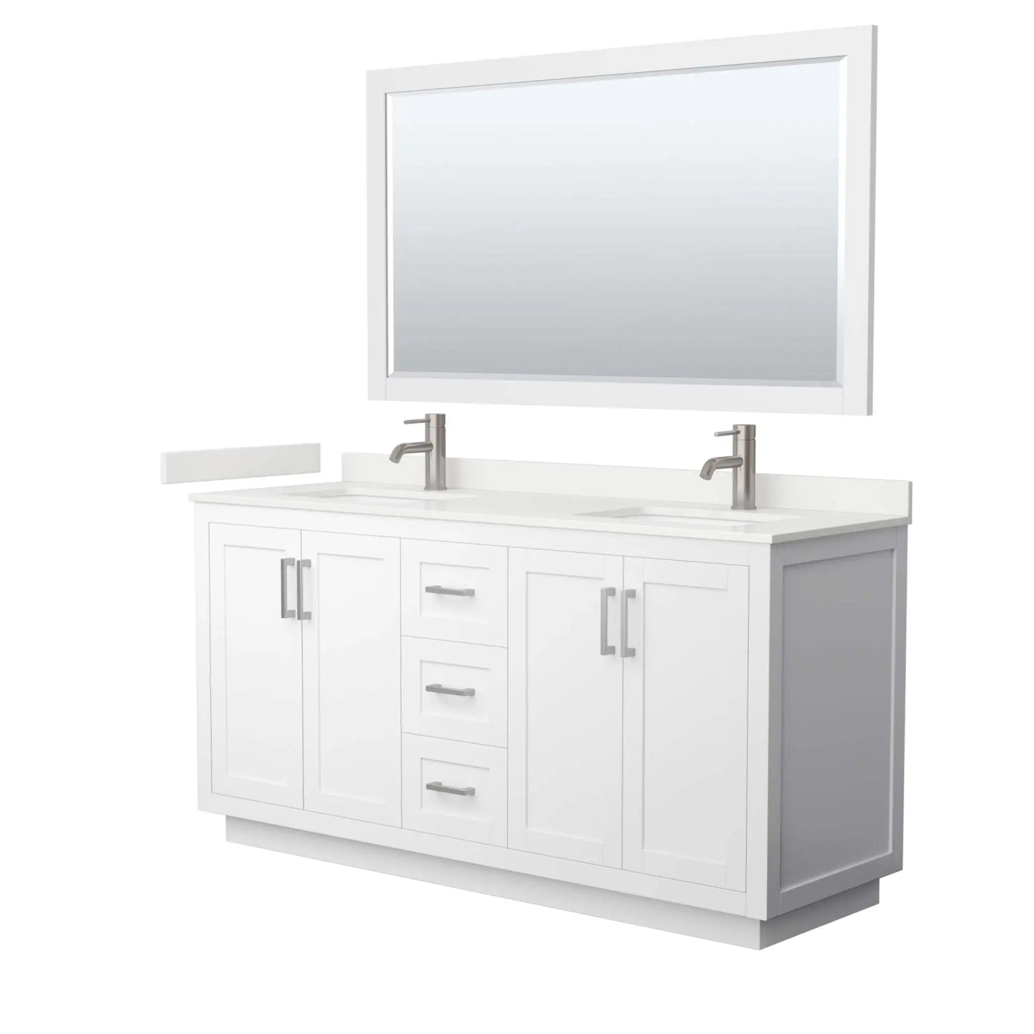 66" Miranda Double Bathroom Vanity in White with Brushed Nickel Trim & 58" Mirror by Wyndham