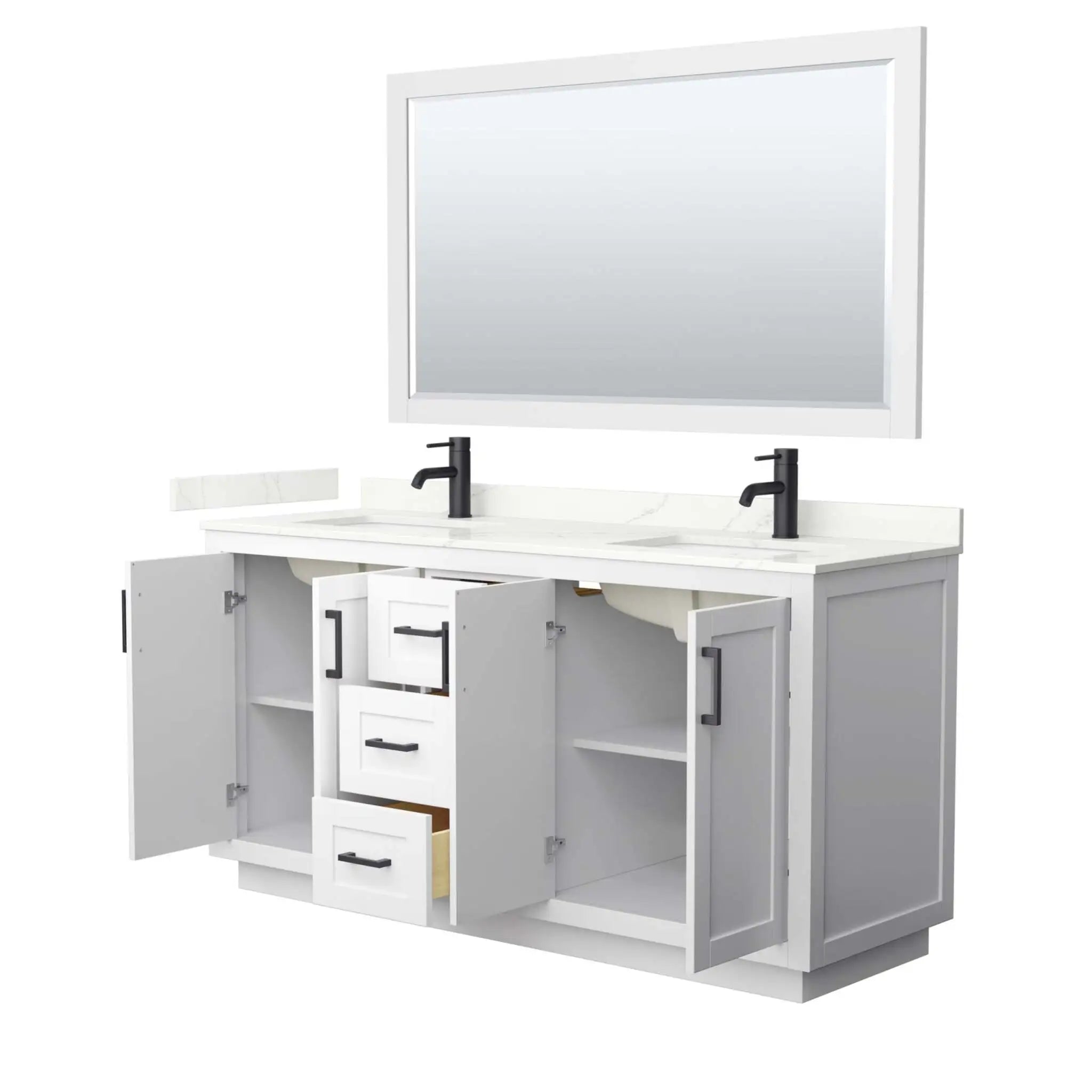 66" Miranda Double Bathroom Vanity in White with Matte Black Trim & 58" Mirror by Wyndham