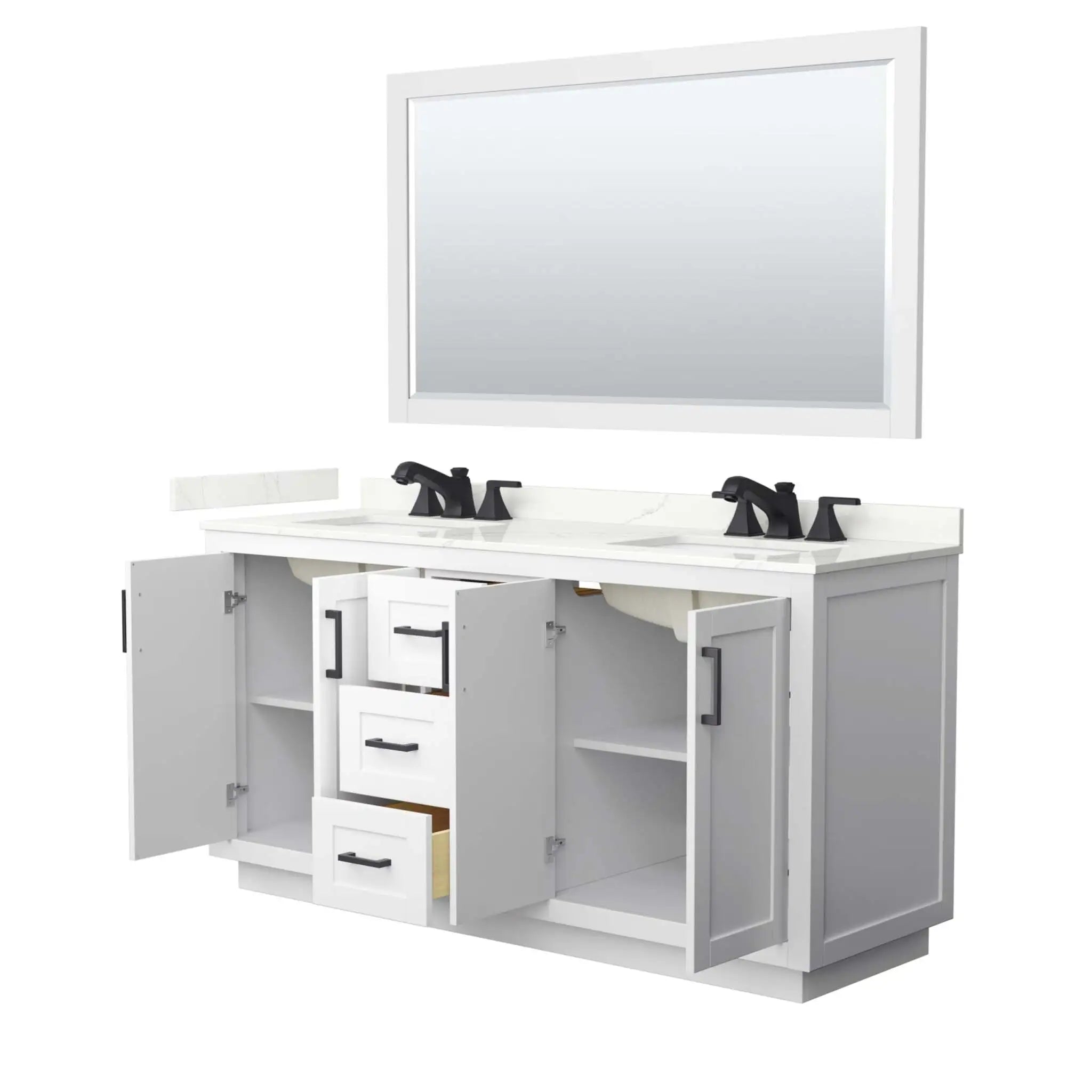 66" Miranda Double Bathroom Vanity in White with Matte Black Trim & 58" Mirror by Wyndham