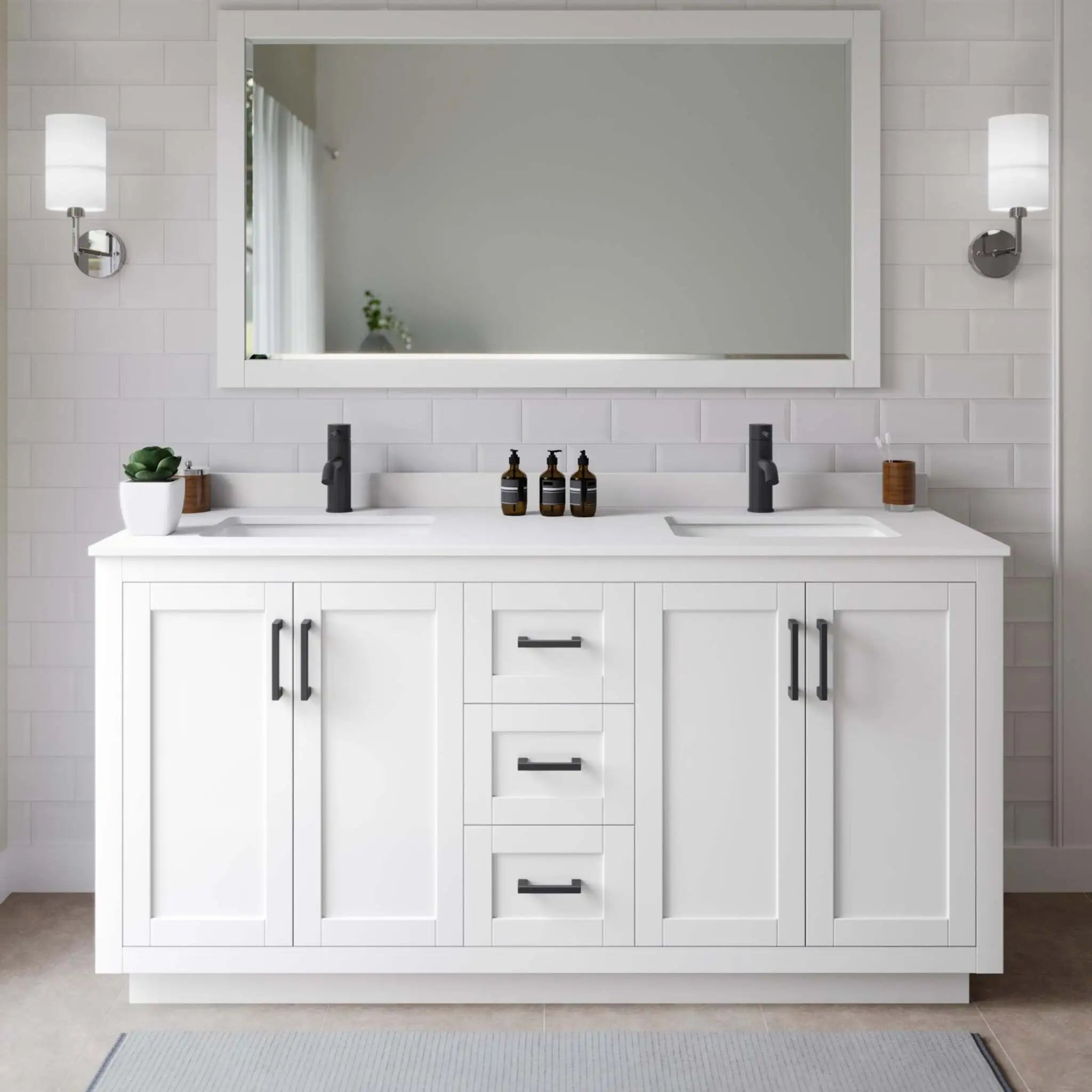 66" Miranda Double Bathroom Vanity in White with Matte Black Trim & 58" Mirror by Wyndham