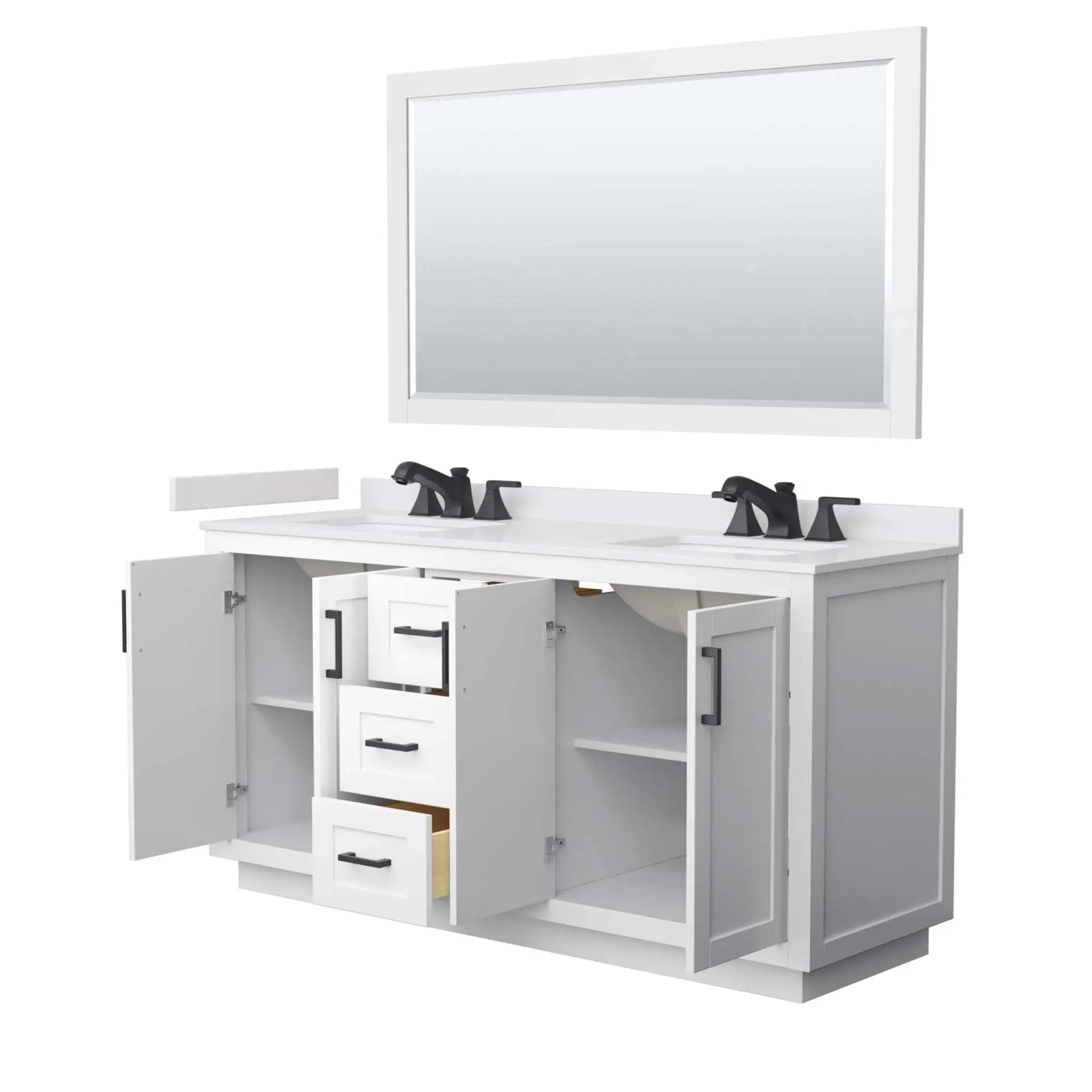 66" Miranda Double Bathroom Vanity in White with Matte Black Trim & 58" Mirror by Wyndham