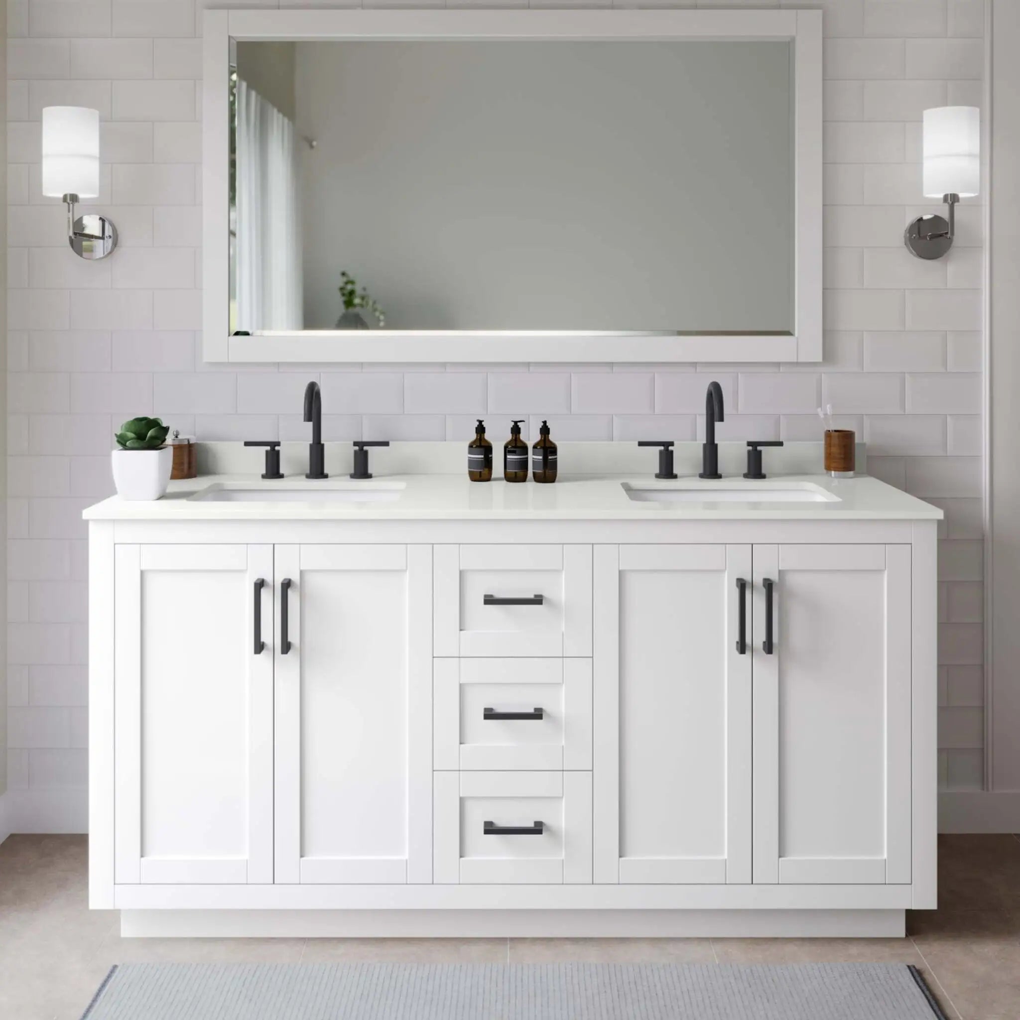 66" Miranda Double Bathroom Vanity in White with Matte Black Trim & 58" Mirror by Wyndham