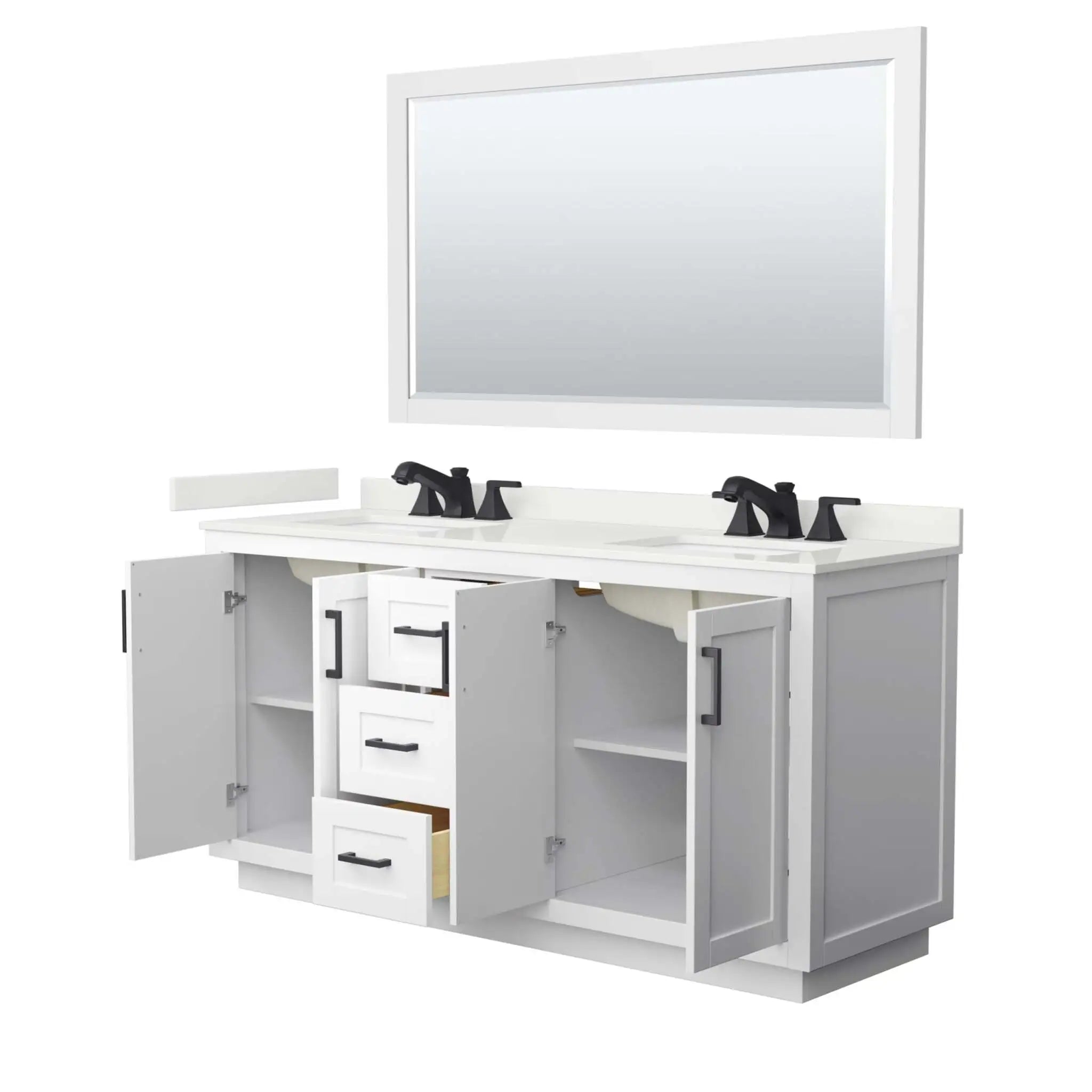 66" Miranda Double Bathroom Vanity in White with Matte Black Trim & 58" Mirror by Wyndham