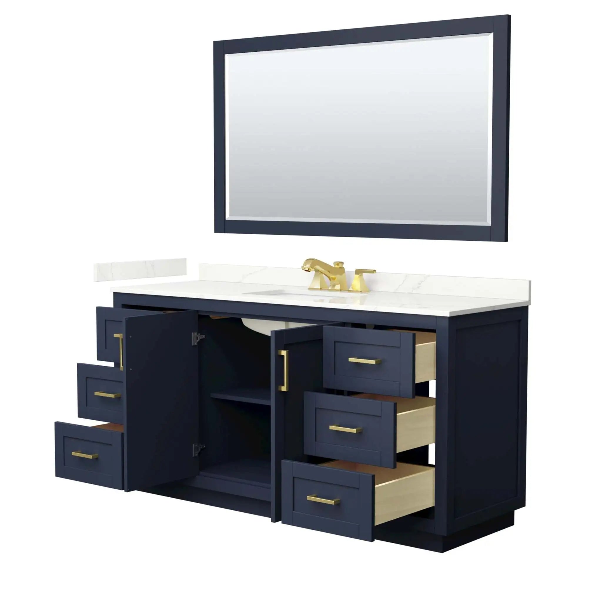 66" Miranda Single Bathroom Vanity in Dark Blue with Brushed Gold Trim & 58" Mirror by Wyndham
