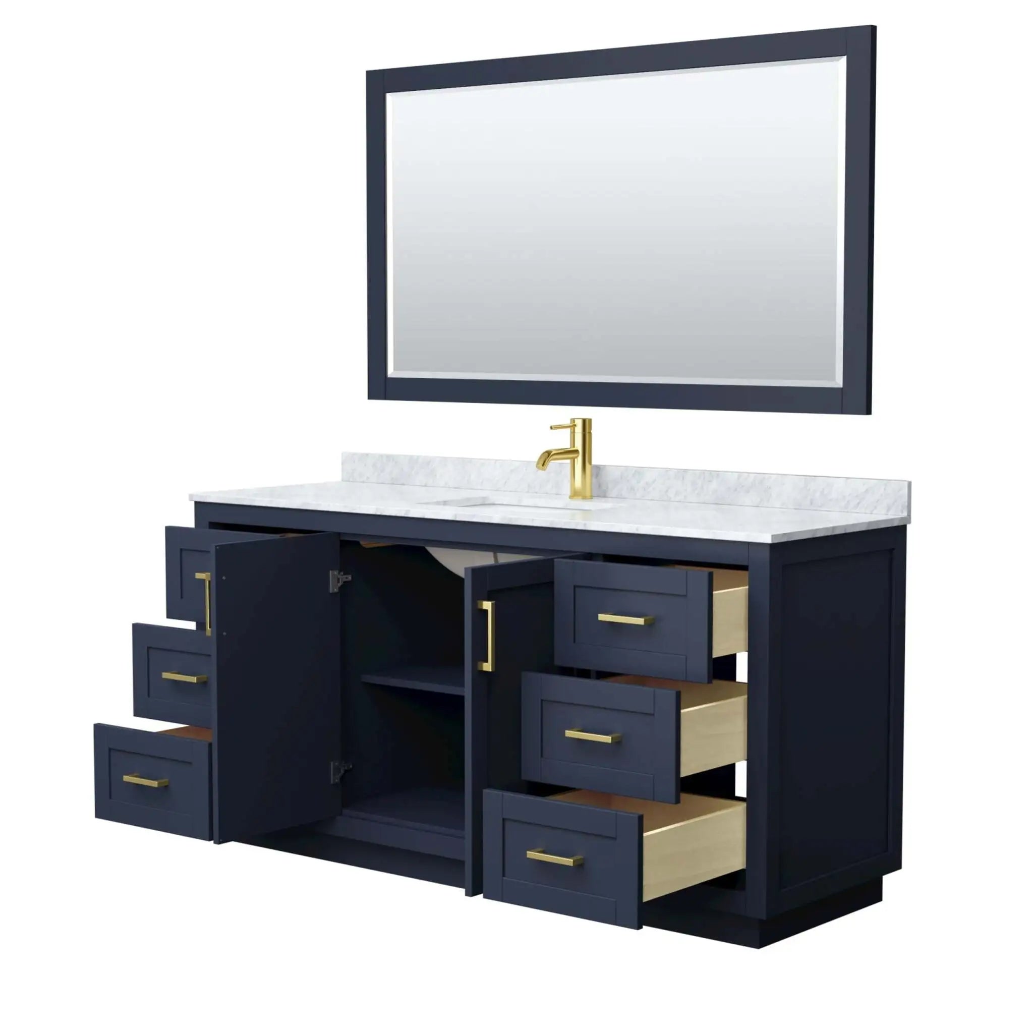 66" Miranda Single Bathroom Vanity in Dark Blue with Brushed Gold Trim & 58" Mirror by Wyndham