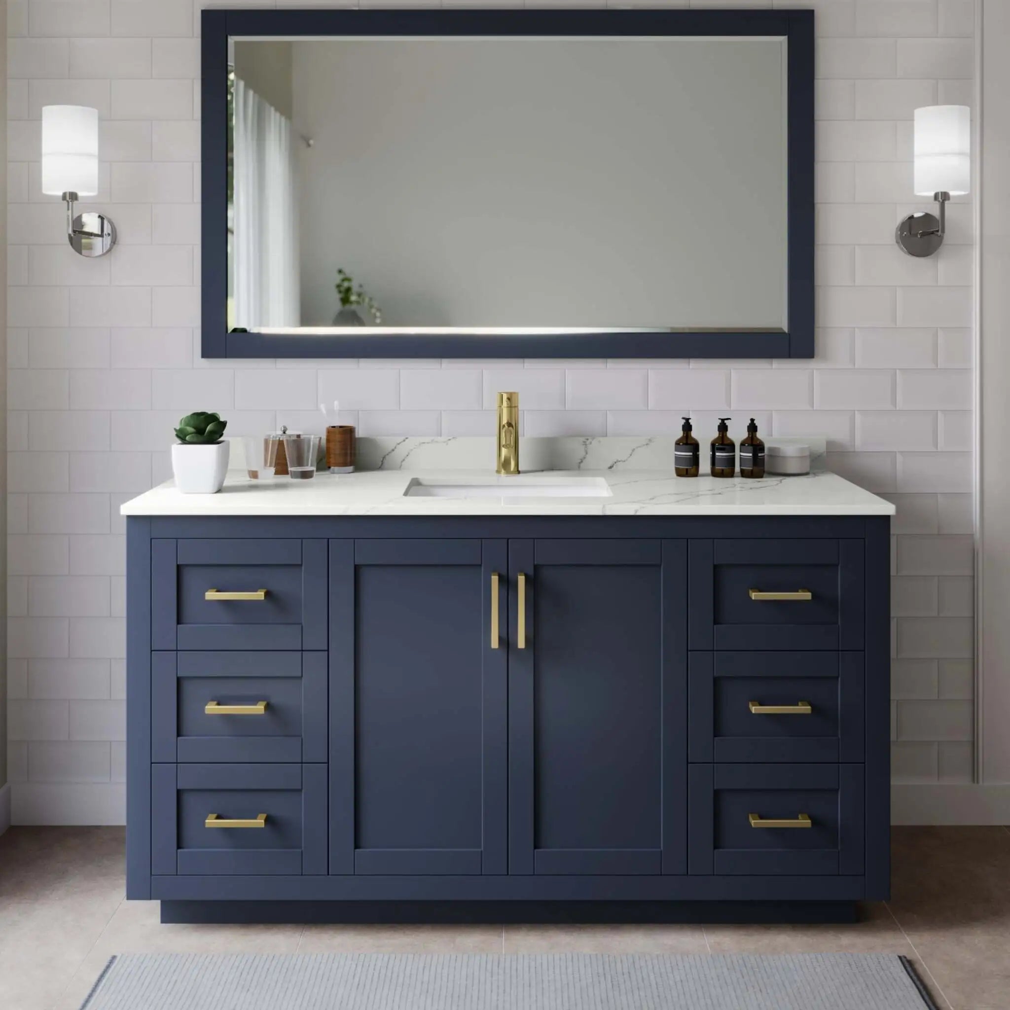 66" Miranda Single Bathroom Vanity in Dark Blue with Brushed Gold Trim by Wyndham