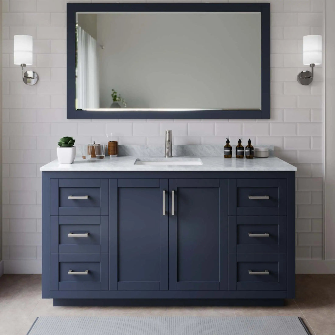 66" Miranda Single Bathroom Vanity in Dark Blue with Brushed Nickel Trim & 58" Mirror by Wyndham