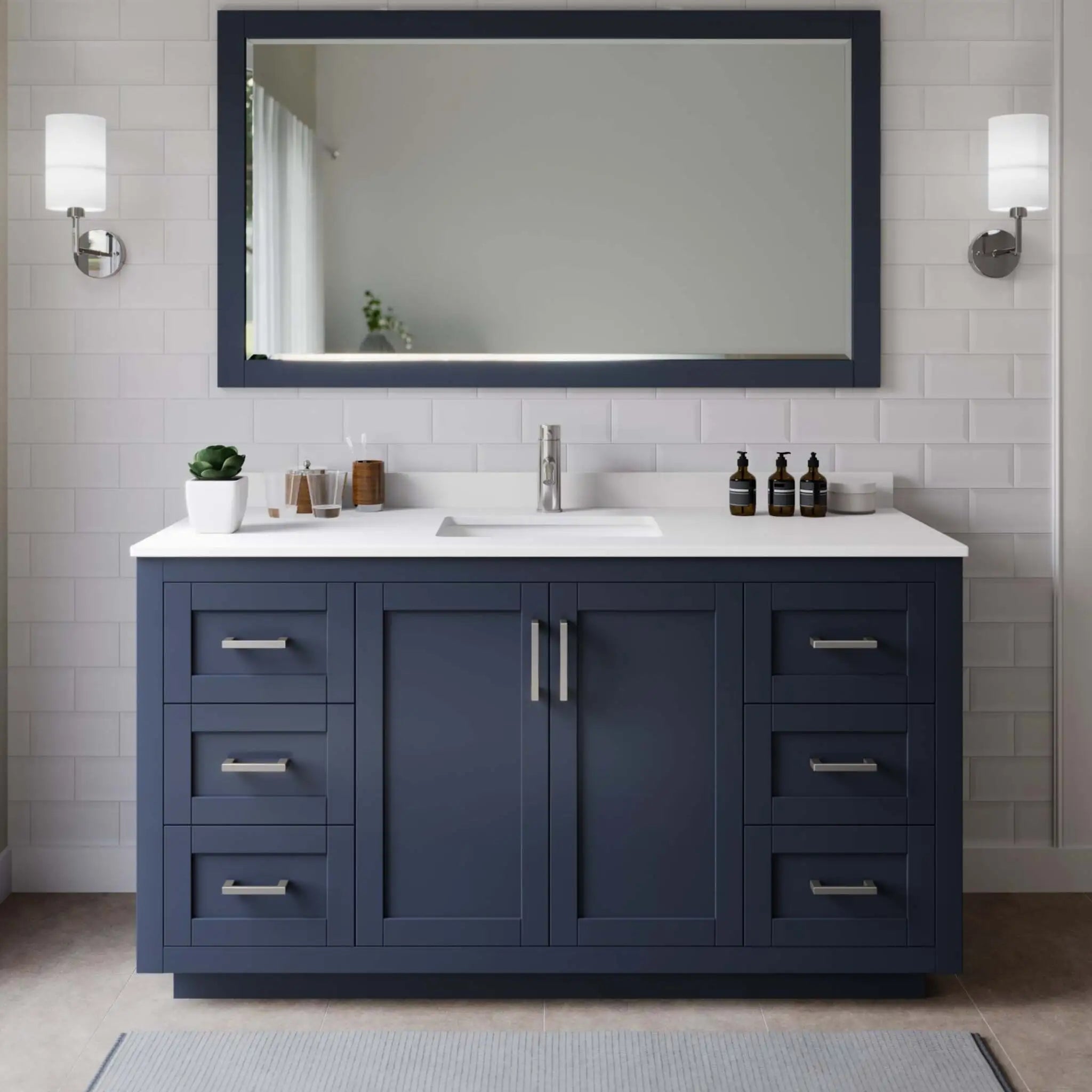 66" Miranda Single Bathroom Vanity in Dark Blue with Brushed Nickel Trim & 58" Mirror by Wyndham