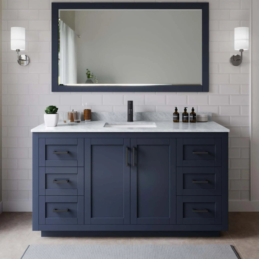 66" Miranda Single Bathroom Vanity in Dark Blue with Matte Black Trim & 58" Mirror by Wyndham