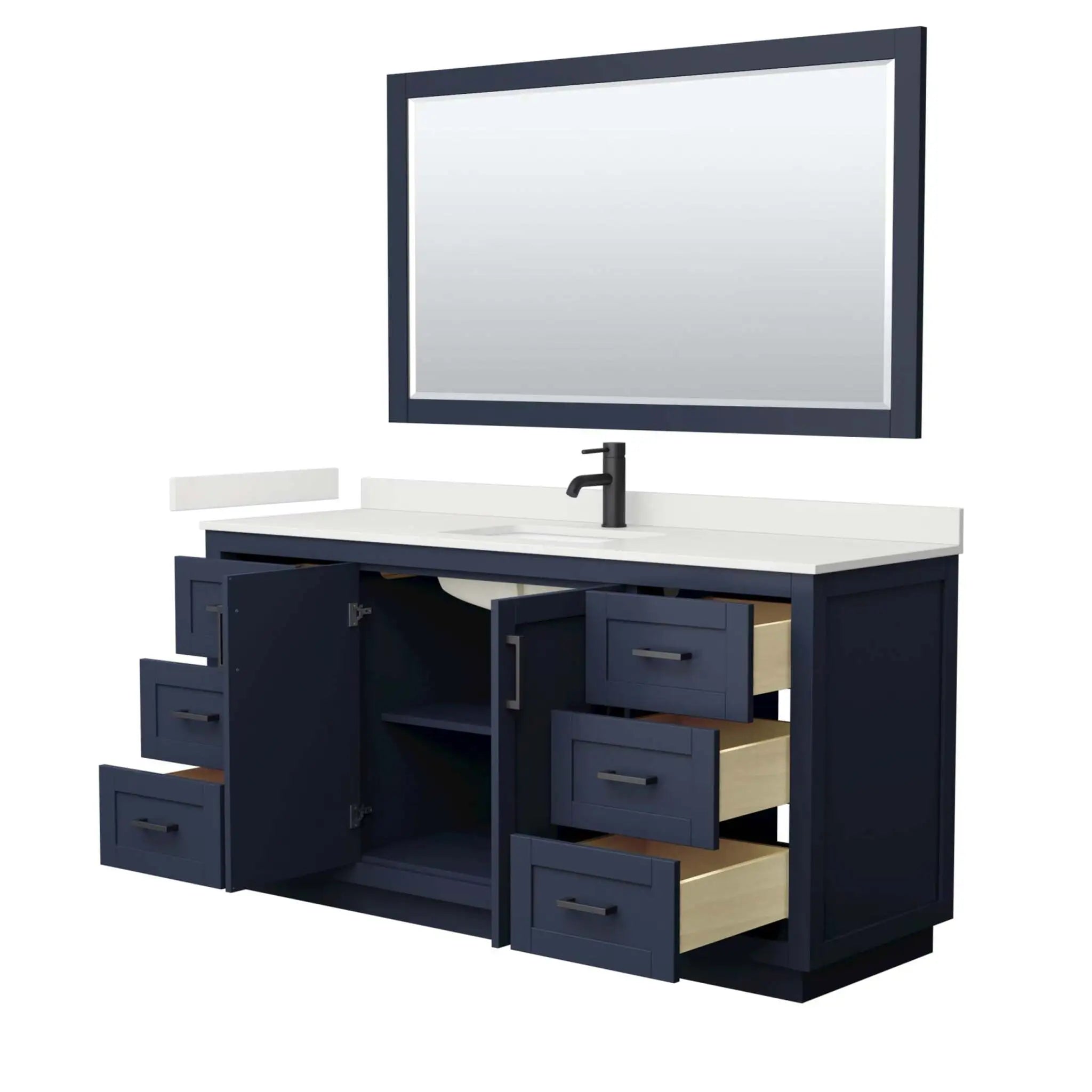 66" Miranda Single Bathroom Vanity in Dark Blue with Matte Black Trim & 58" Mirror by Wyndham