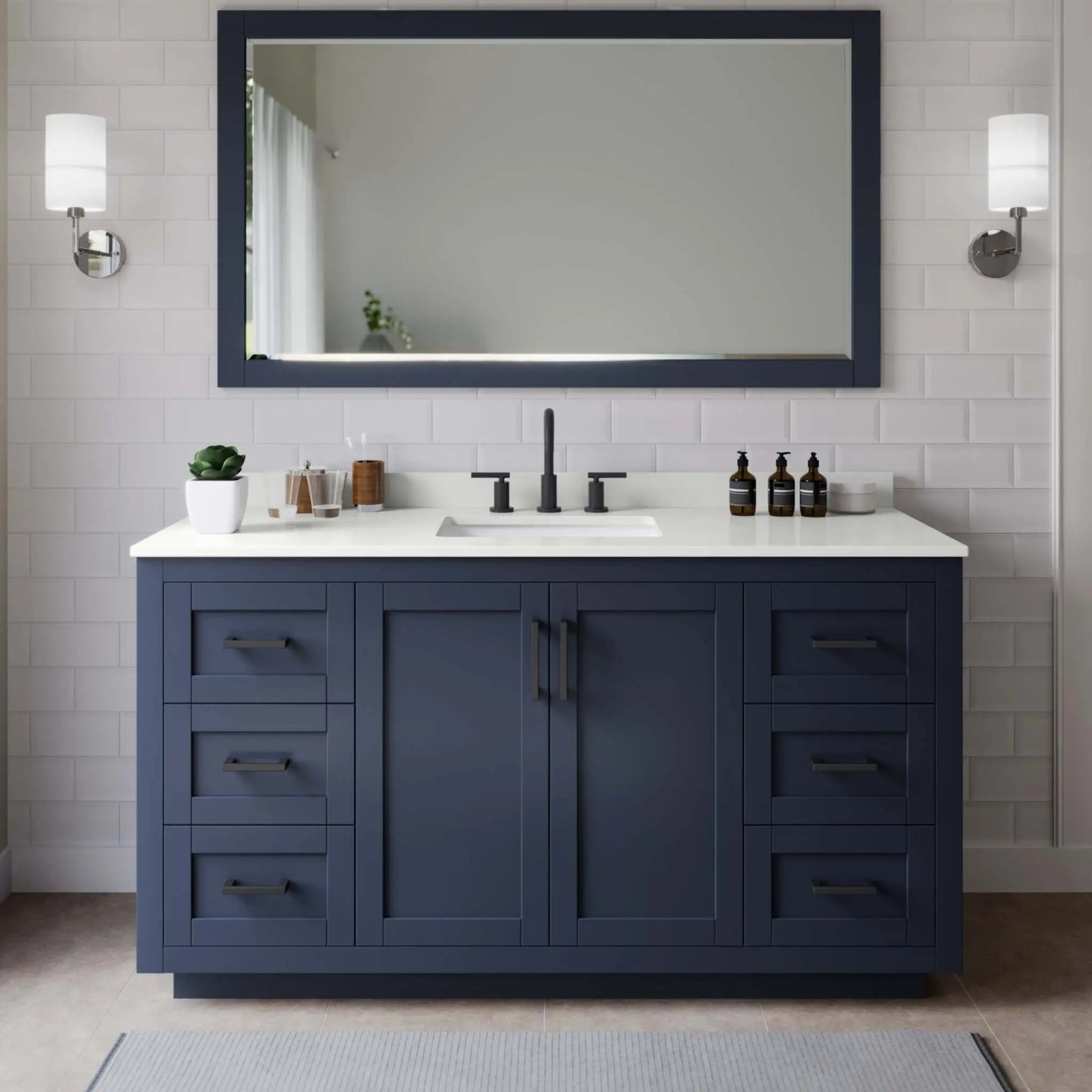 66" Miranda Single Bathroom Vanity in Dark Blue with Matte Black Trim & 58" Mirror by Wyndham