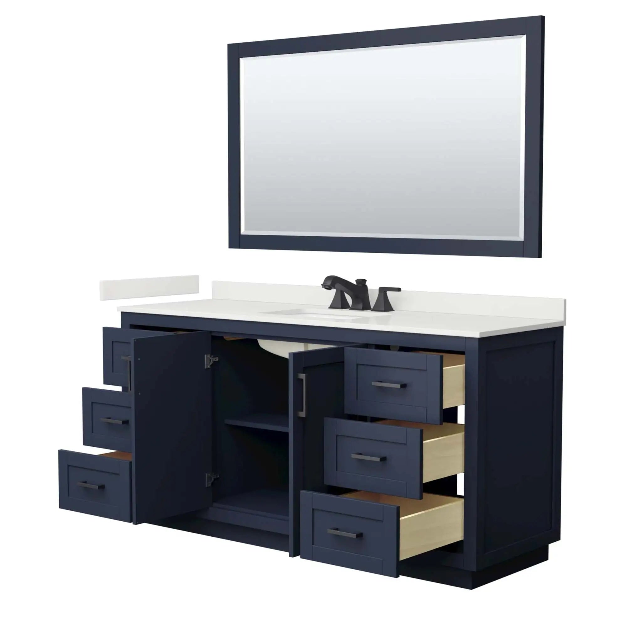 66" Miranda Single Bathroom Vanity in Dark Blue with Matte Black Trim & 58" Mirror by Wyndham