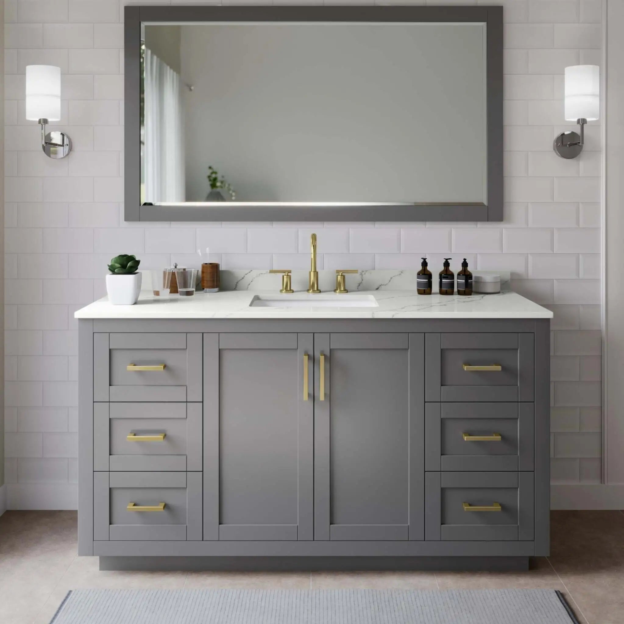 66" Miranda Single Bathroom Vanity in Dark Gray with Brushed Gold Trim & 58" Mirror by Wyndham
