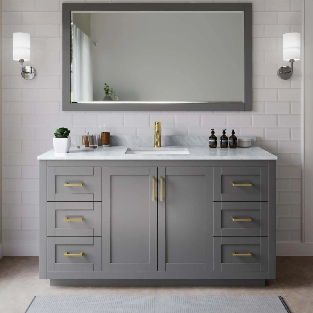 66" Miranda Single Bathroom Vanity in Dark Gray with Brushed Gold Trim & 58" Mirror by Wyndham