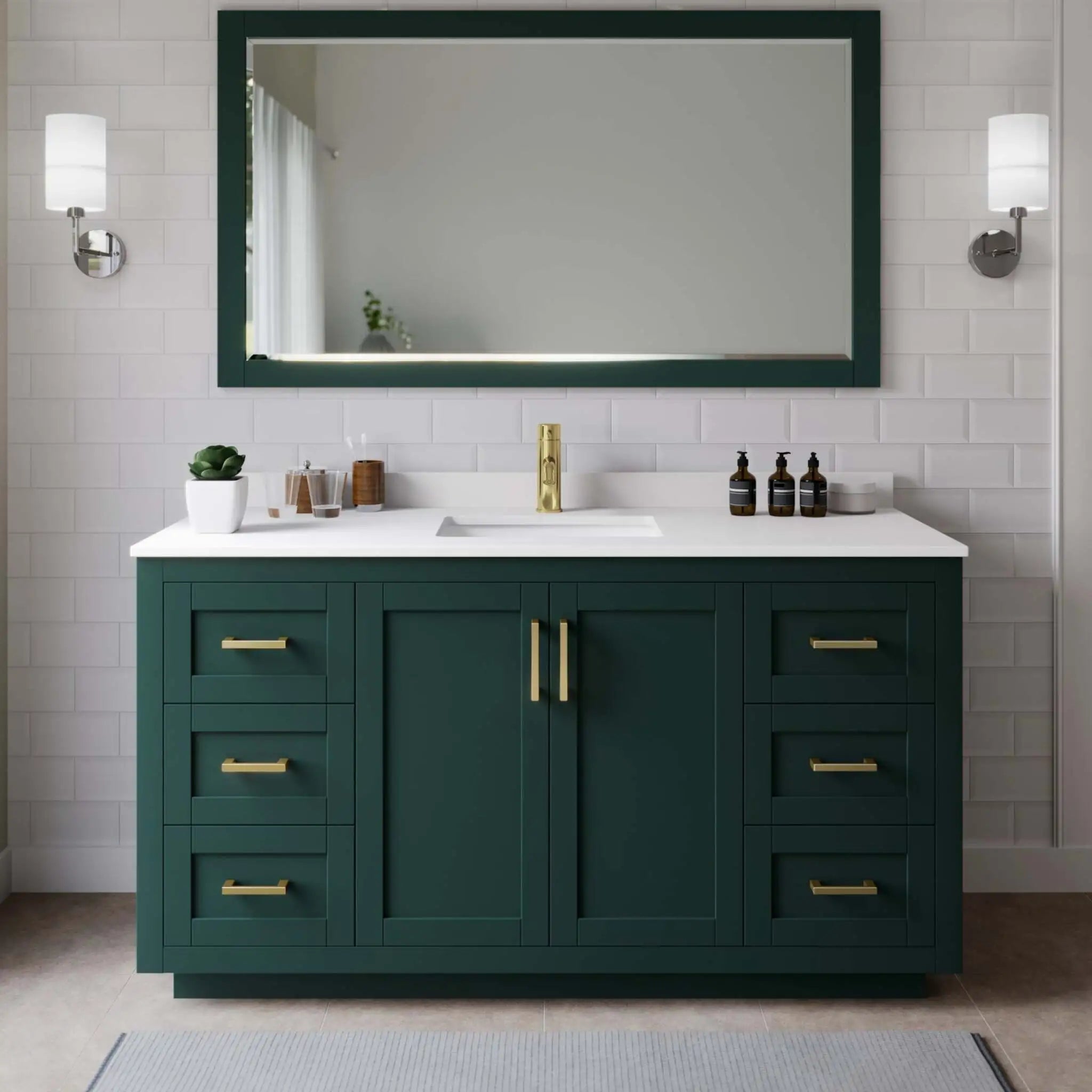 66" Miranda Single Bathroom Vanity in Green with Brushed Gold Trim & 58" Mirror by Wyndham