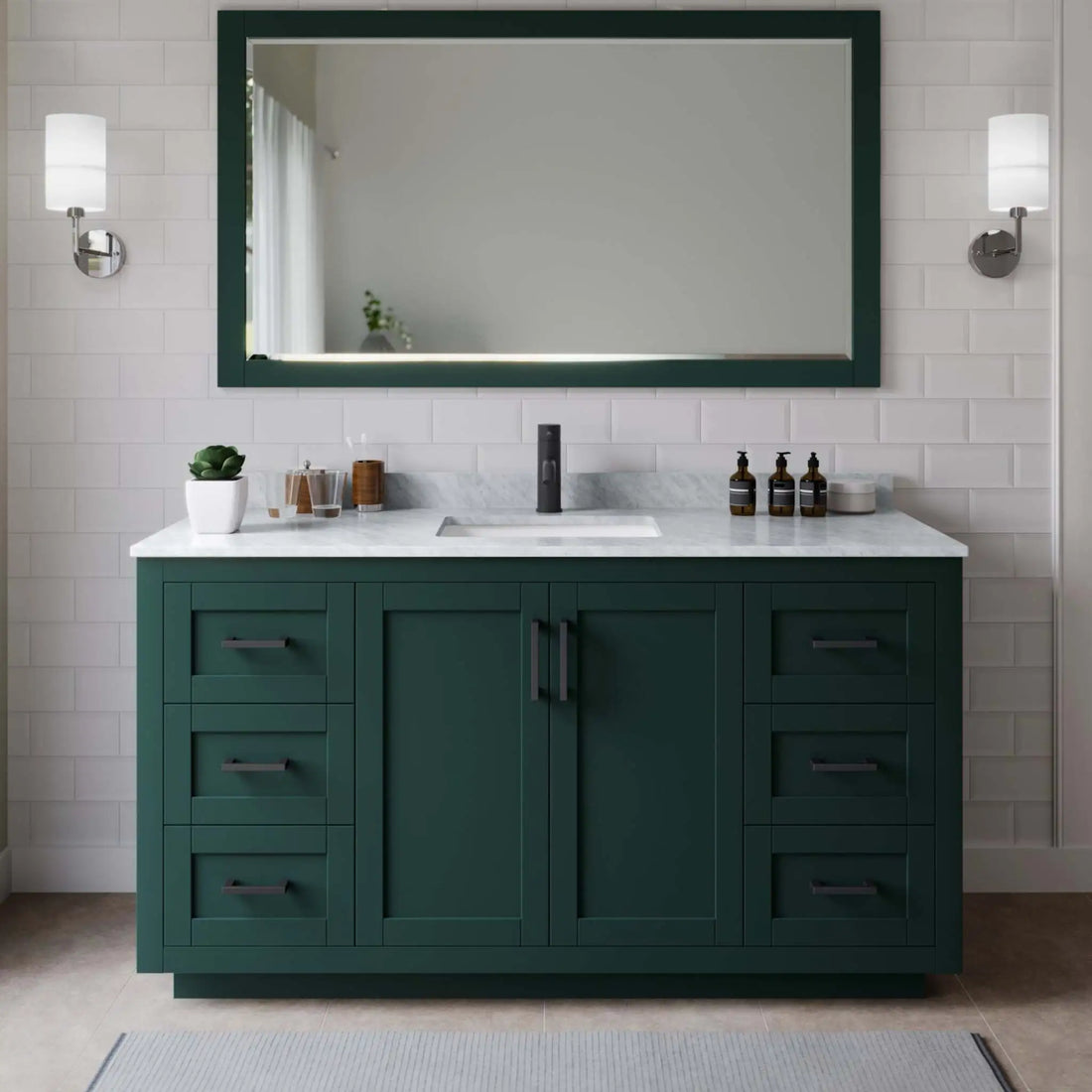 66" Miranda Single Bathroom Vanity in Green with Matte Black Trim & 58" Mirror by Wyndham