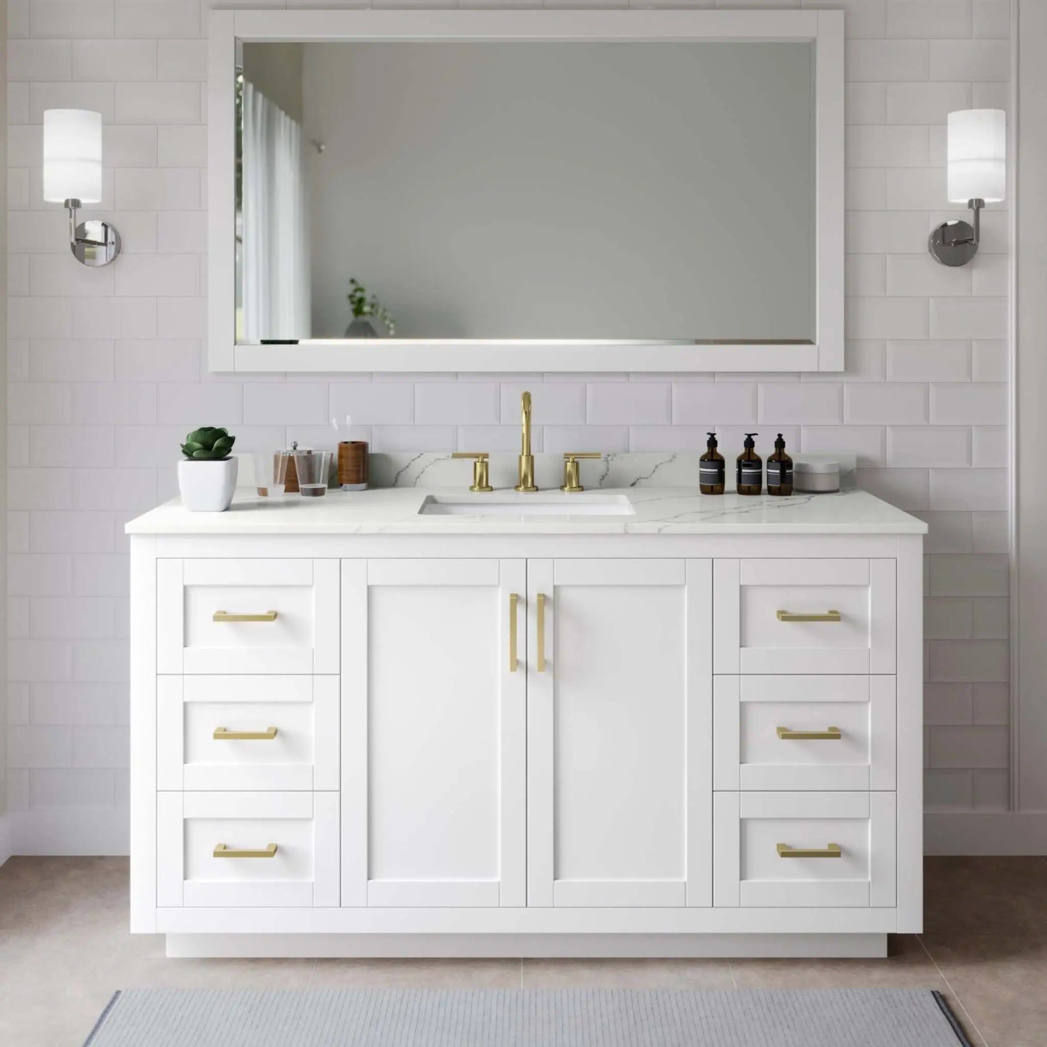 66" Miranda Single Bathroom Vanity in White with Brushed Gold Trim & 58" Mirror by Wyndham