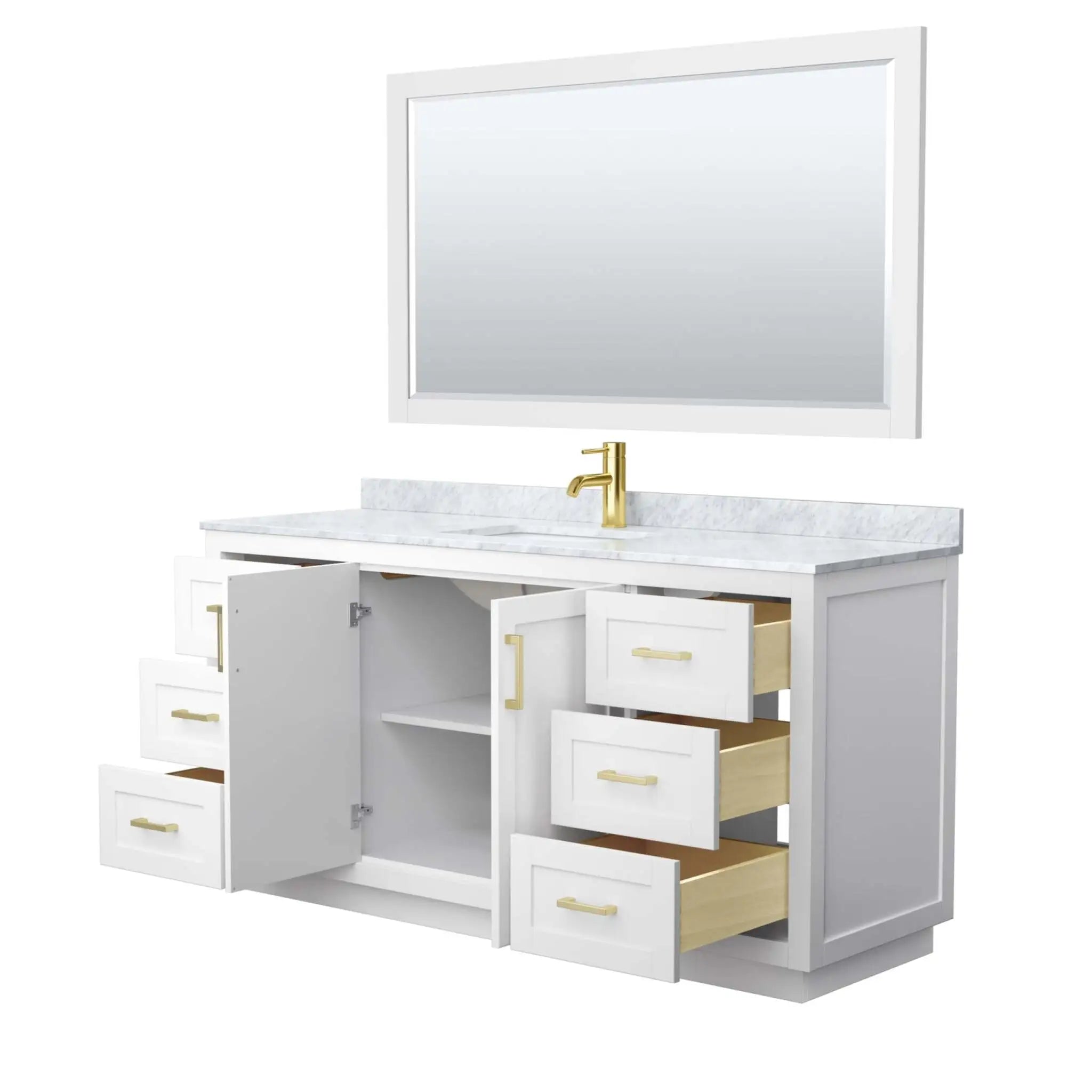 66" Miranda Single Bathroom Vanity in White with Brushed Gold Trim & 58" Mirror by Wyndham