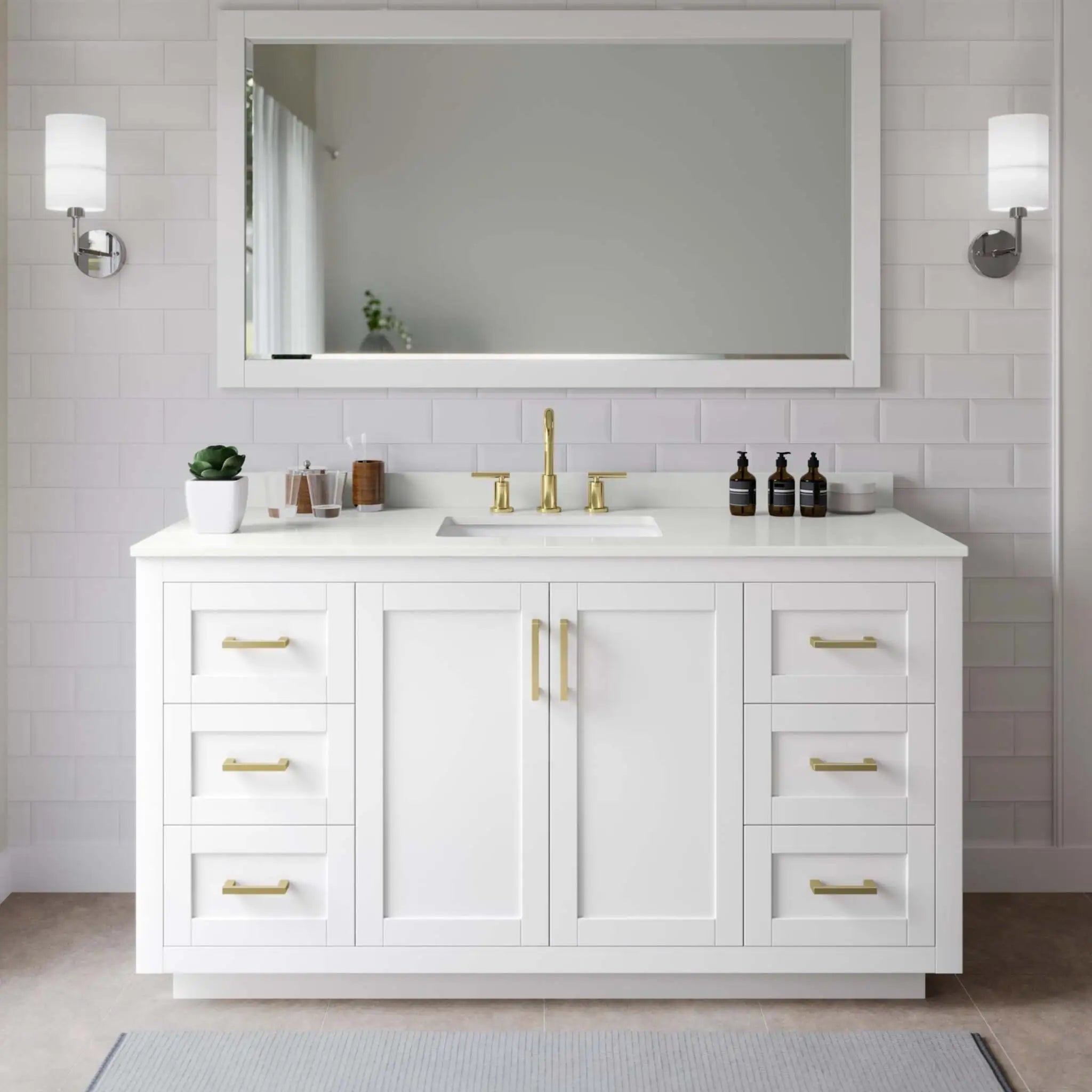 66" Miranda Single Bathroom Vanity in White with Brushed Gold Trim & 58" Mirror by Wyndham