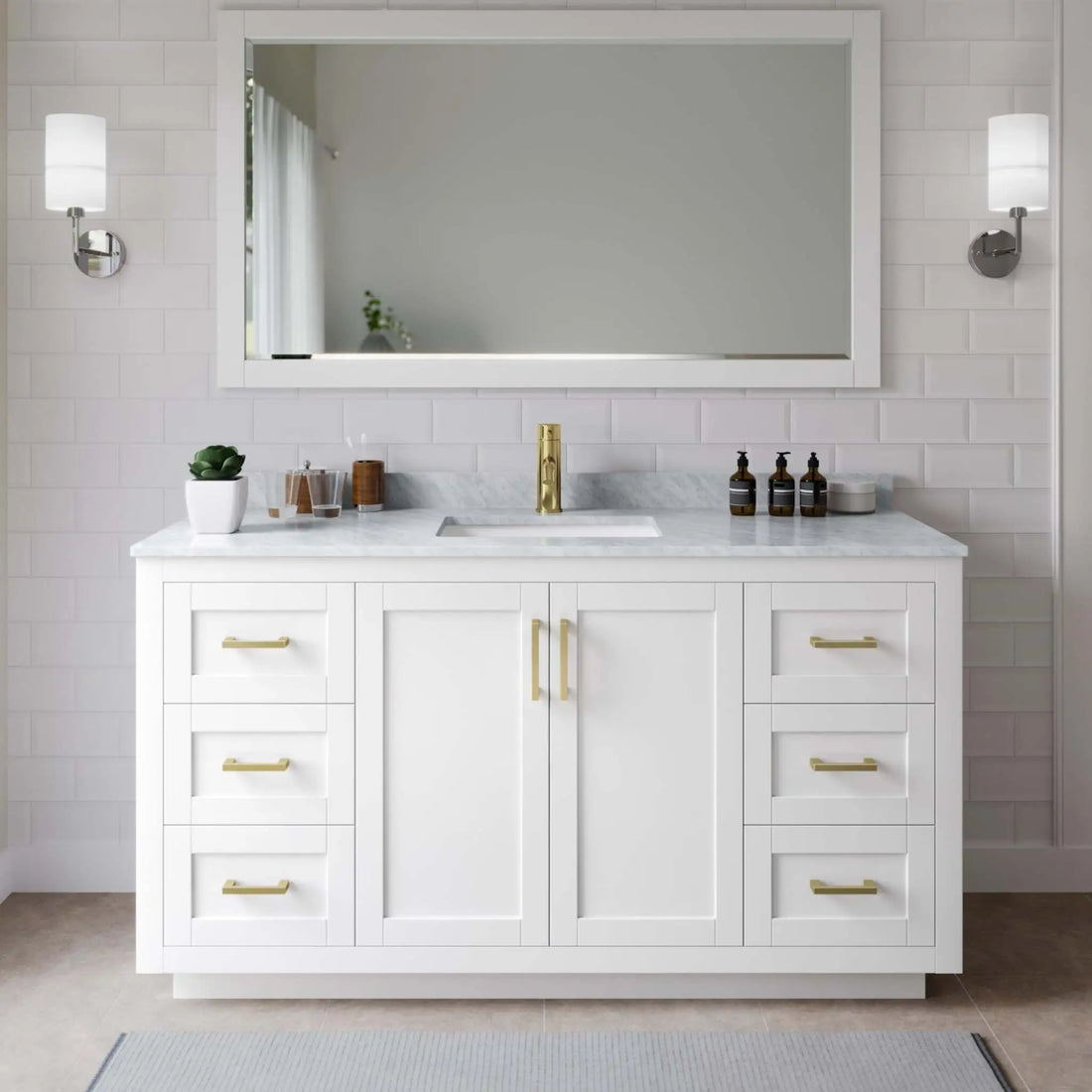 66" Miranda Single Bathroom Vanity in White with Brushed Gold Trim by Wyndham
