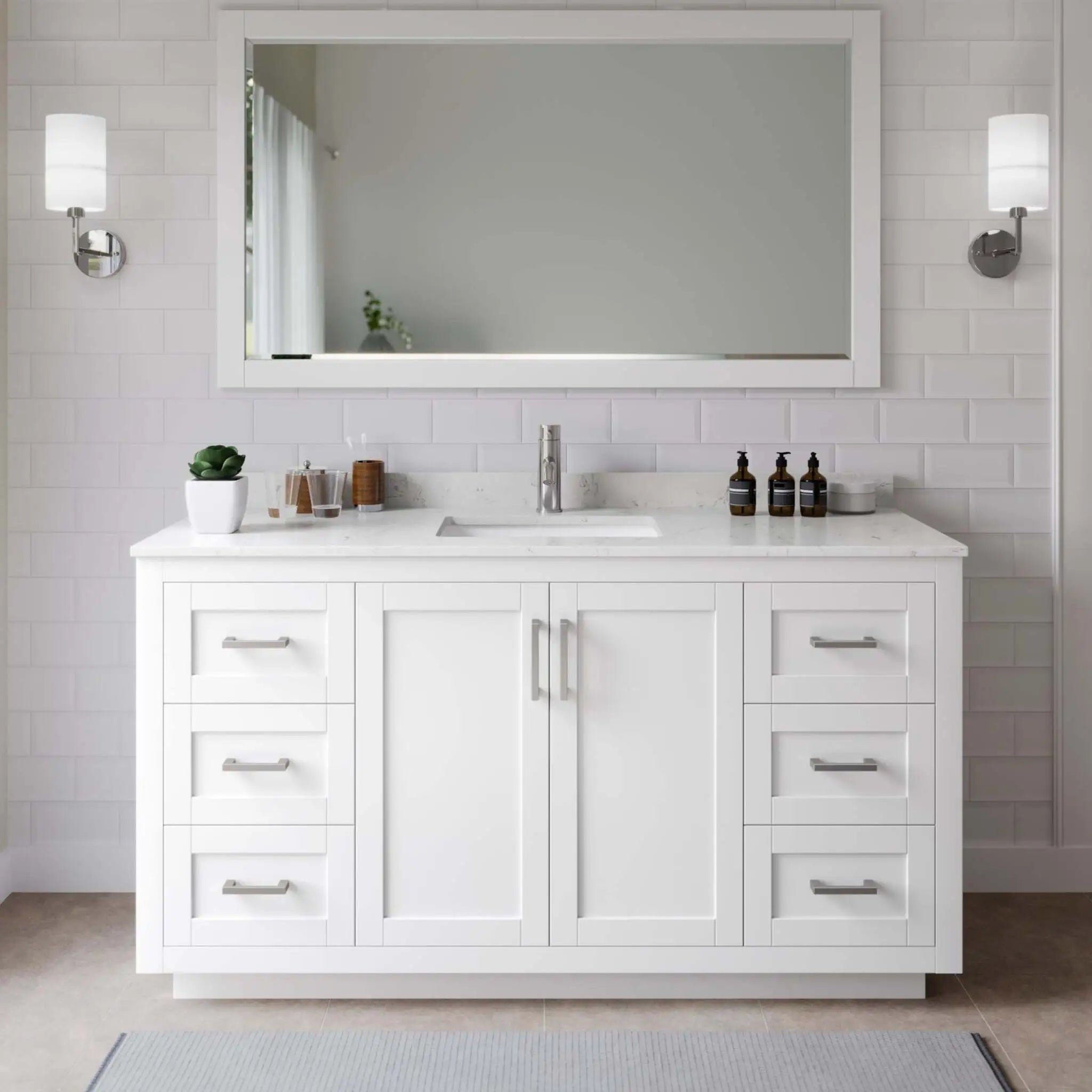 66" Miranda Single Bathroom Vanity in White with Brushed Nickel Trim & 58" Mirror by Wyndham