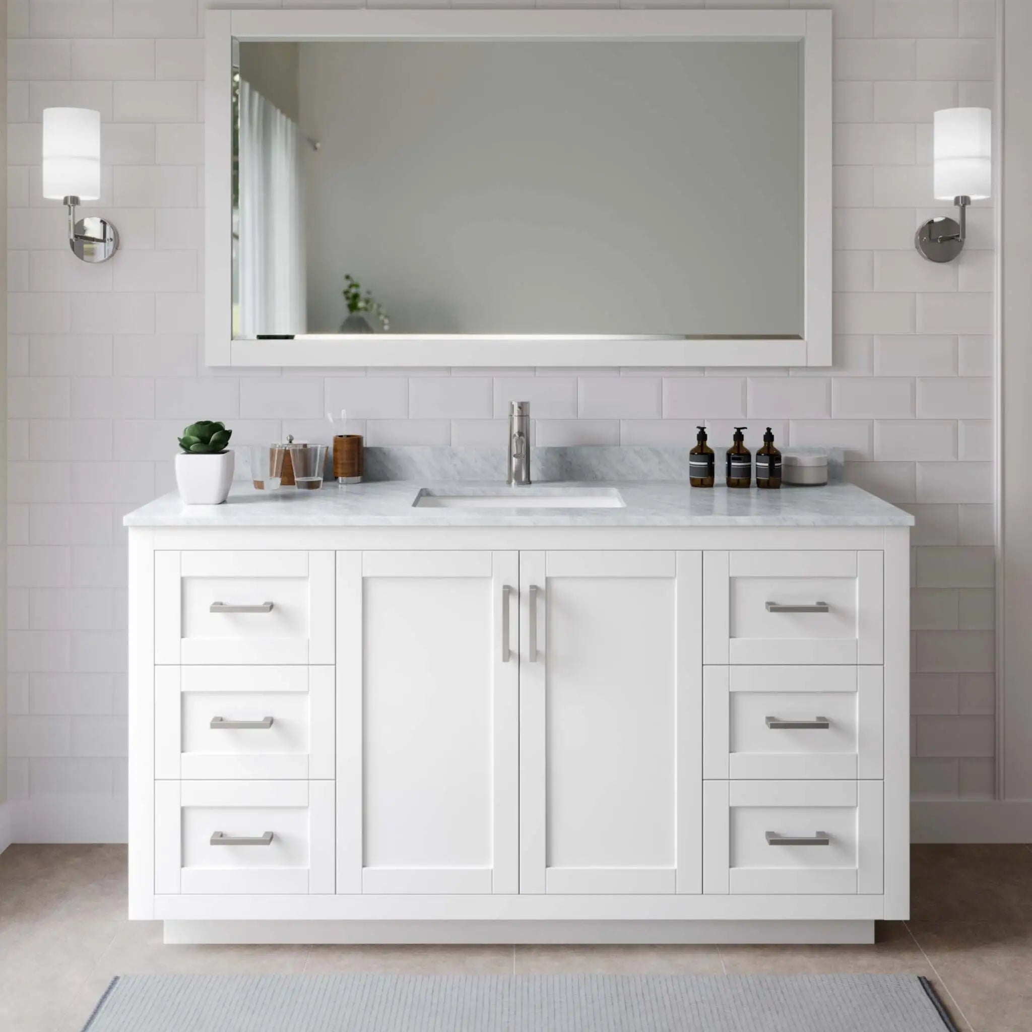 66" Miranda Single Bathroom Vanity in White with Brushed Nickel Trim & 58" Mirror by Wyndham