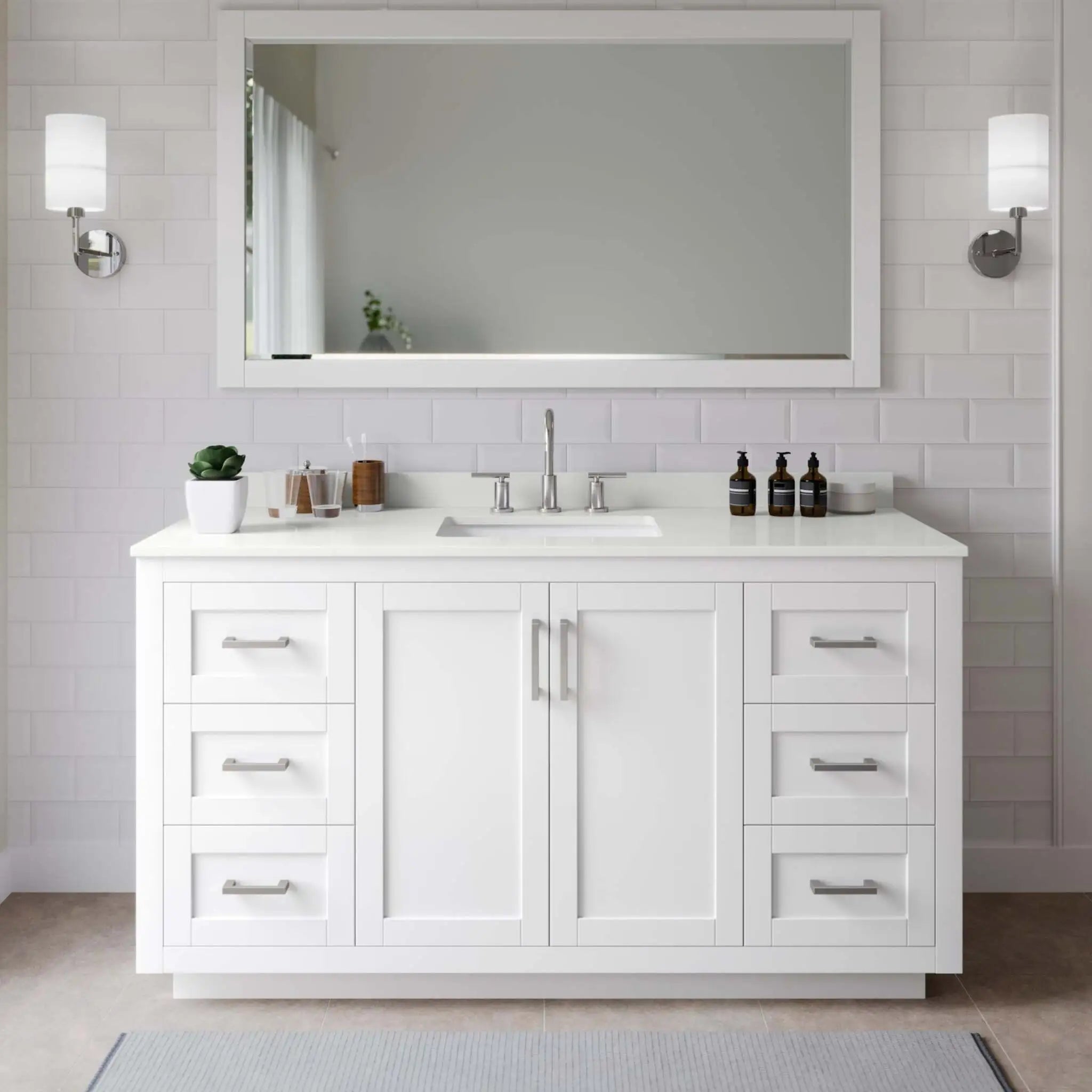 66" Miranda Single Bathroom Vanity in White with Brushed Nickel Trim & 58" Mirror by Wyndham