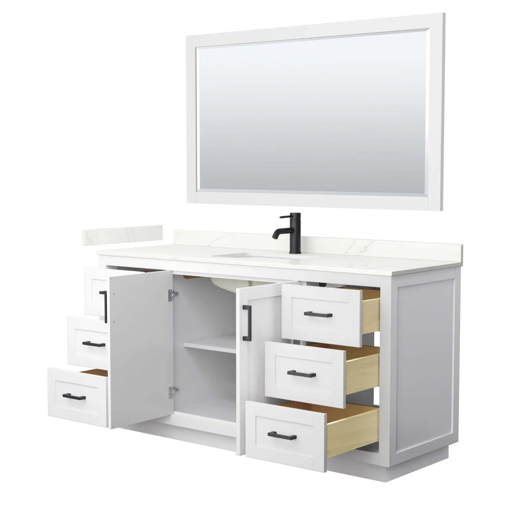66" Miranda Single Bathroom Vanity in White with Matte Black Trim & 58" Mirror by Wyndham