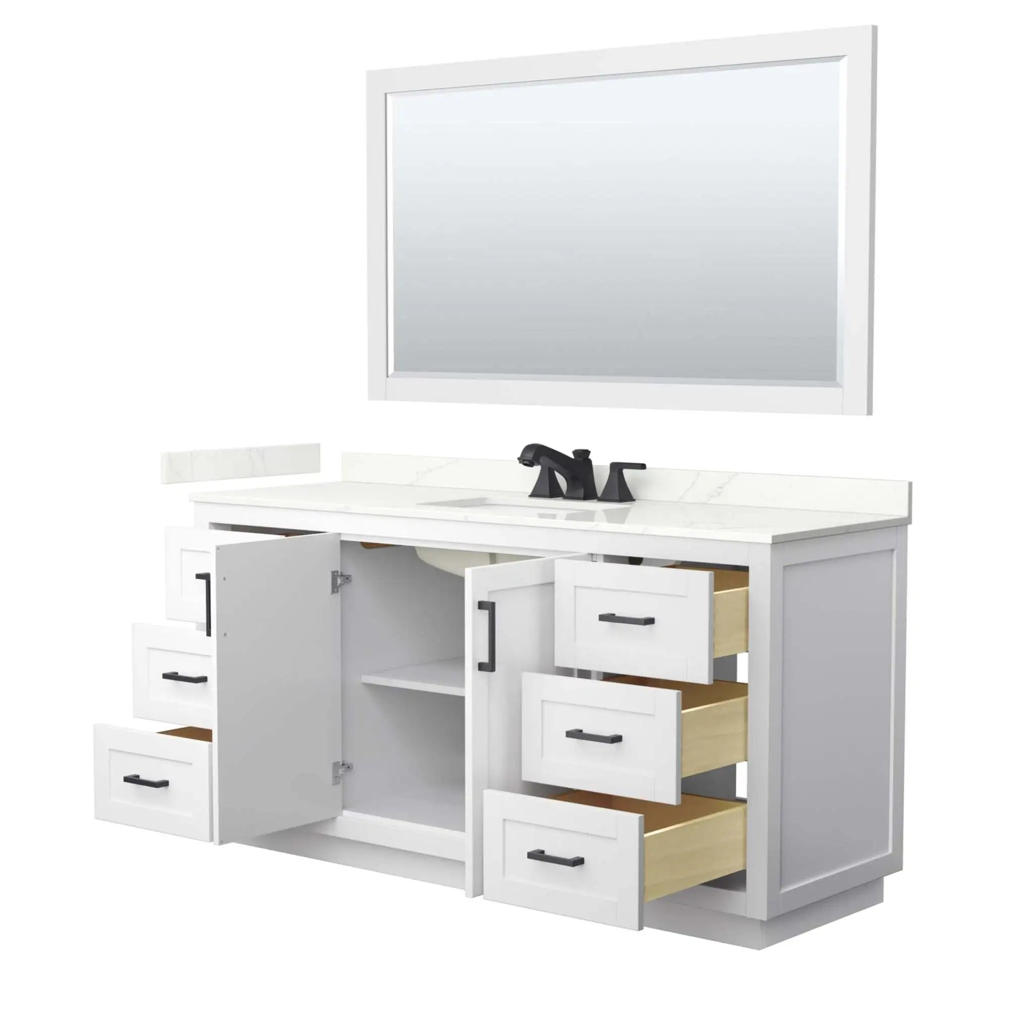 66" Miranda Single Bathroom Vanity in White with Matte Black Trim & 58" Mirror by Wyndham
