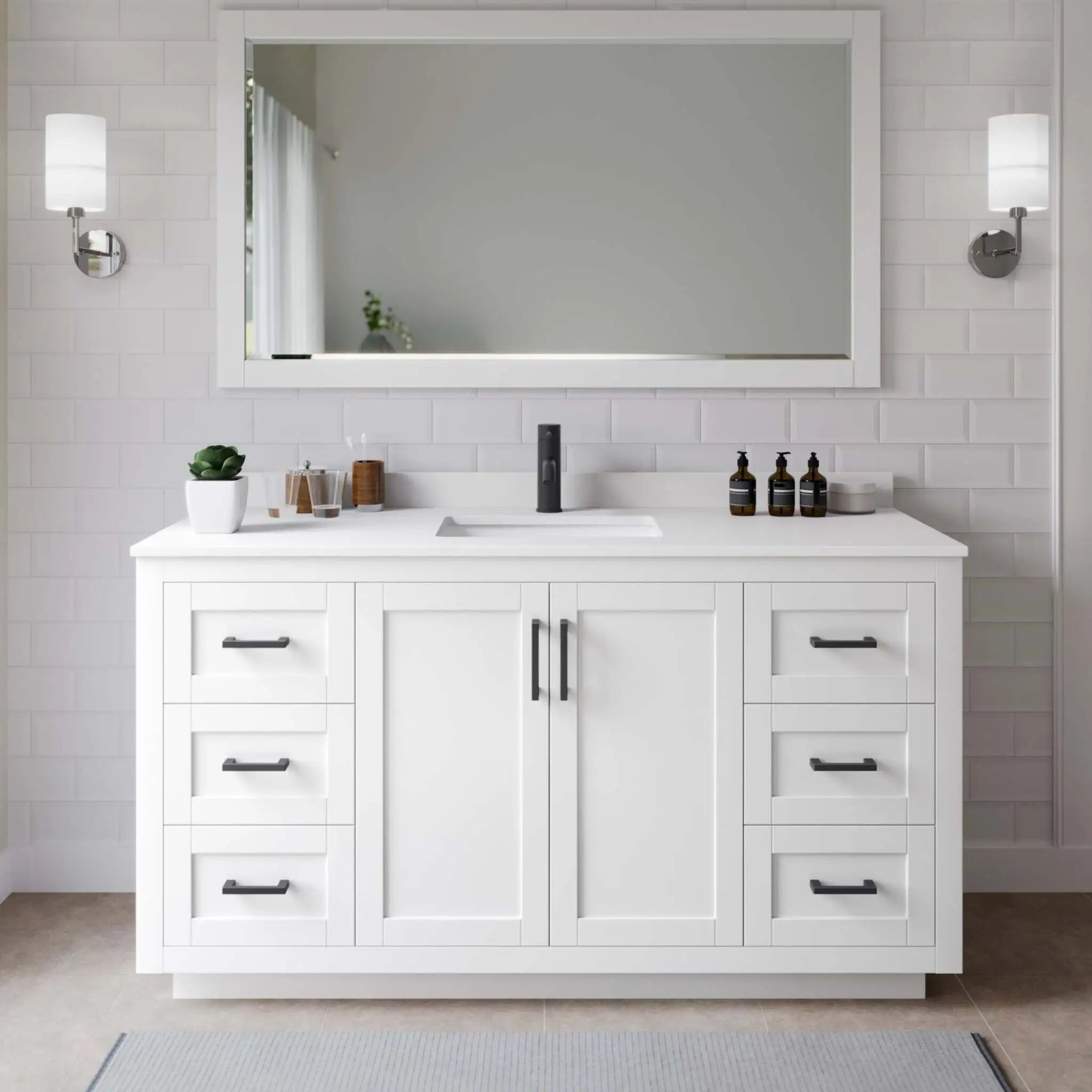 66" Miranda Single Bathroom Vanity in White with Matte Black Trim & 58" Mirror by Wyndham