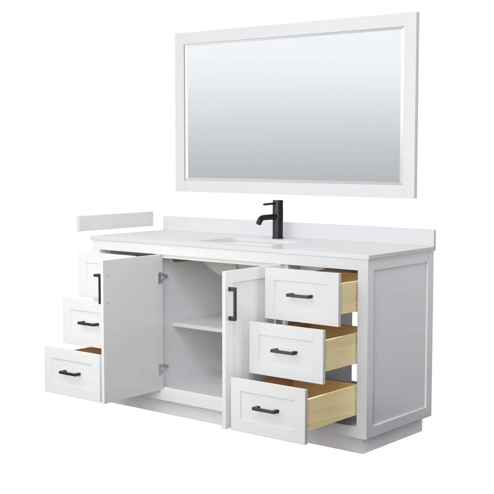 66" Miranda Single Bathroom Vanity in White with Matte Black Trim & 58" Mirror by Wyndham