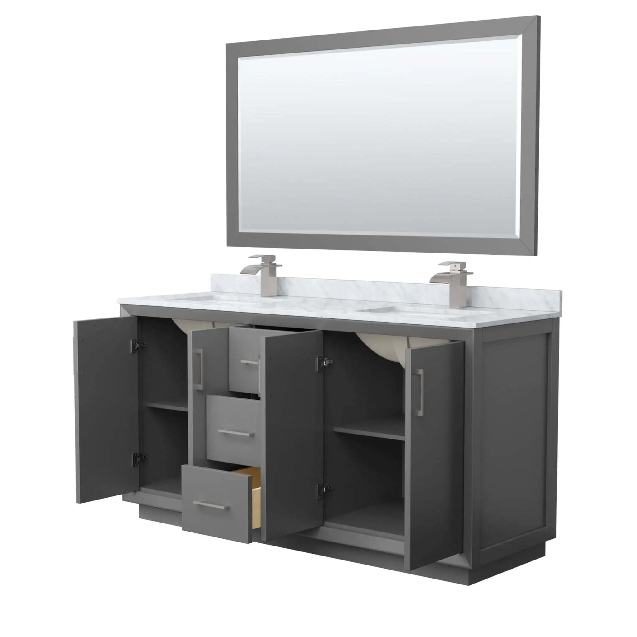 66" Strada Double Bathroom Vanity in Dark Gray with Brushed Nickel Trim & 58" Mirror by Wyndham
