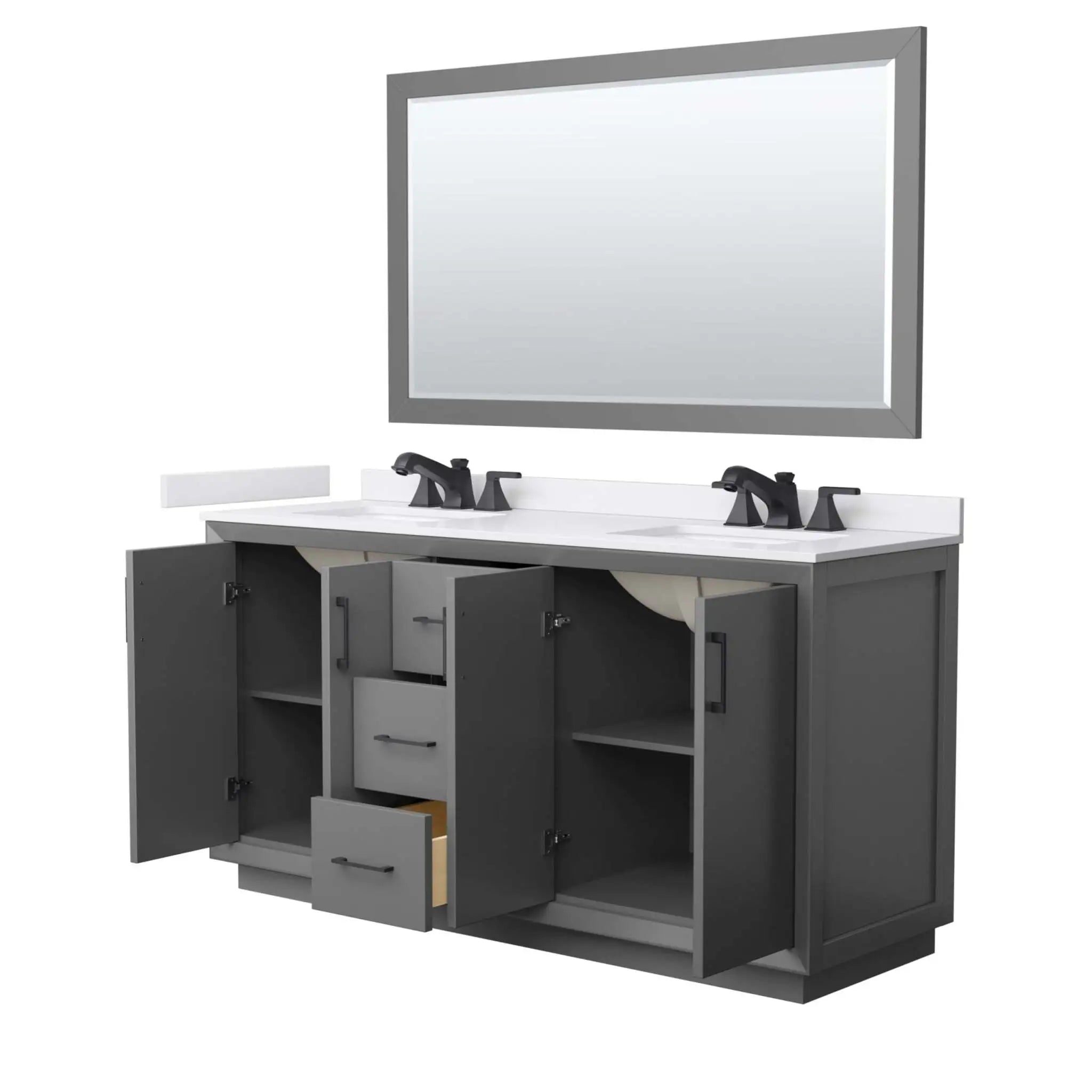 66" Strada Double Bathroom Vanity in Dark Gray with Matte Black Trim & 58" Mirror by Wyndham