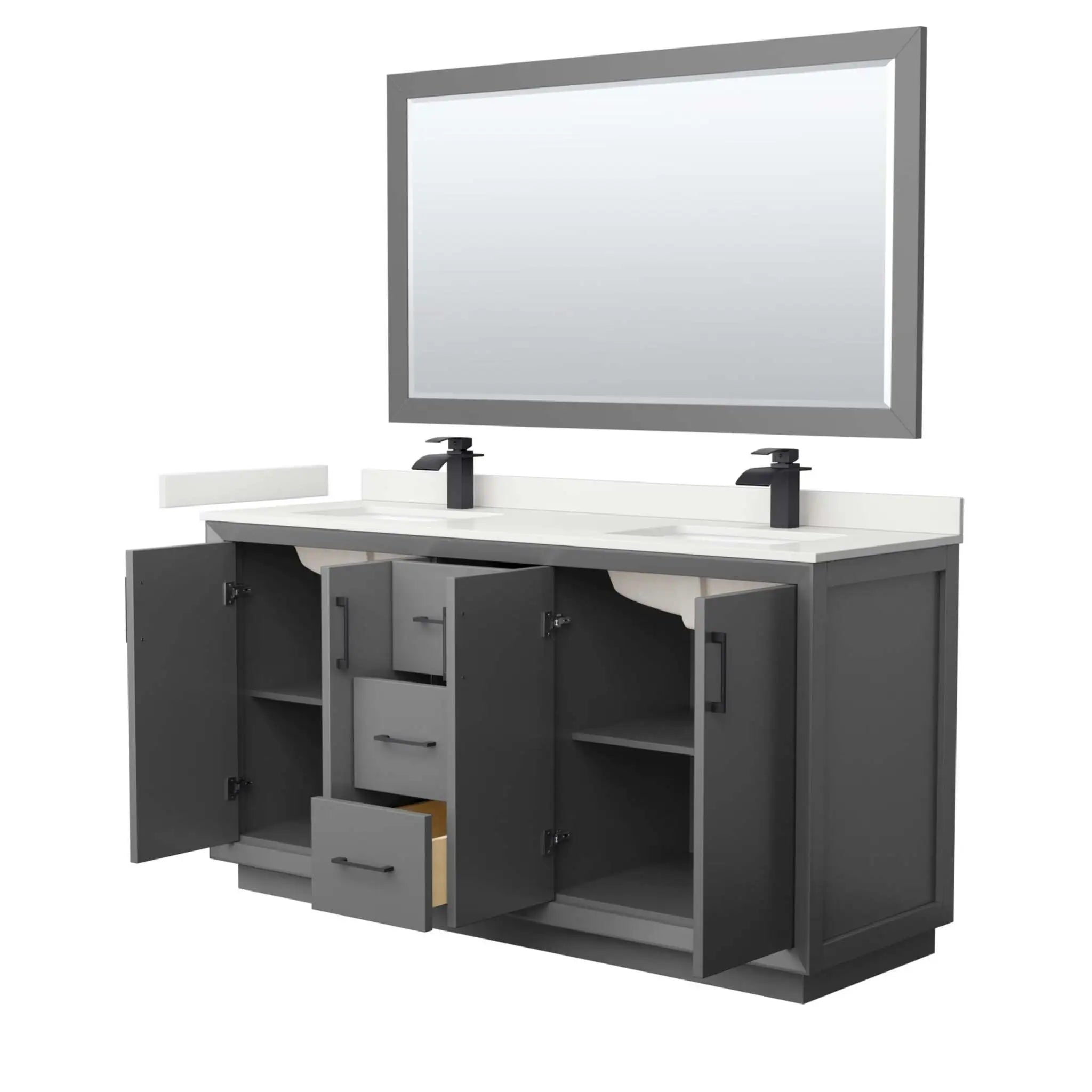66" Strada Double Bathroom Vanity in Dark Gray with Matte Black Trim & 58" Mirror by Wyndham