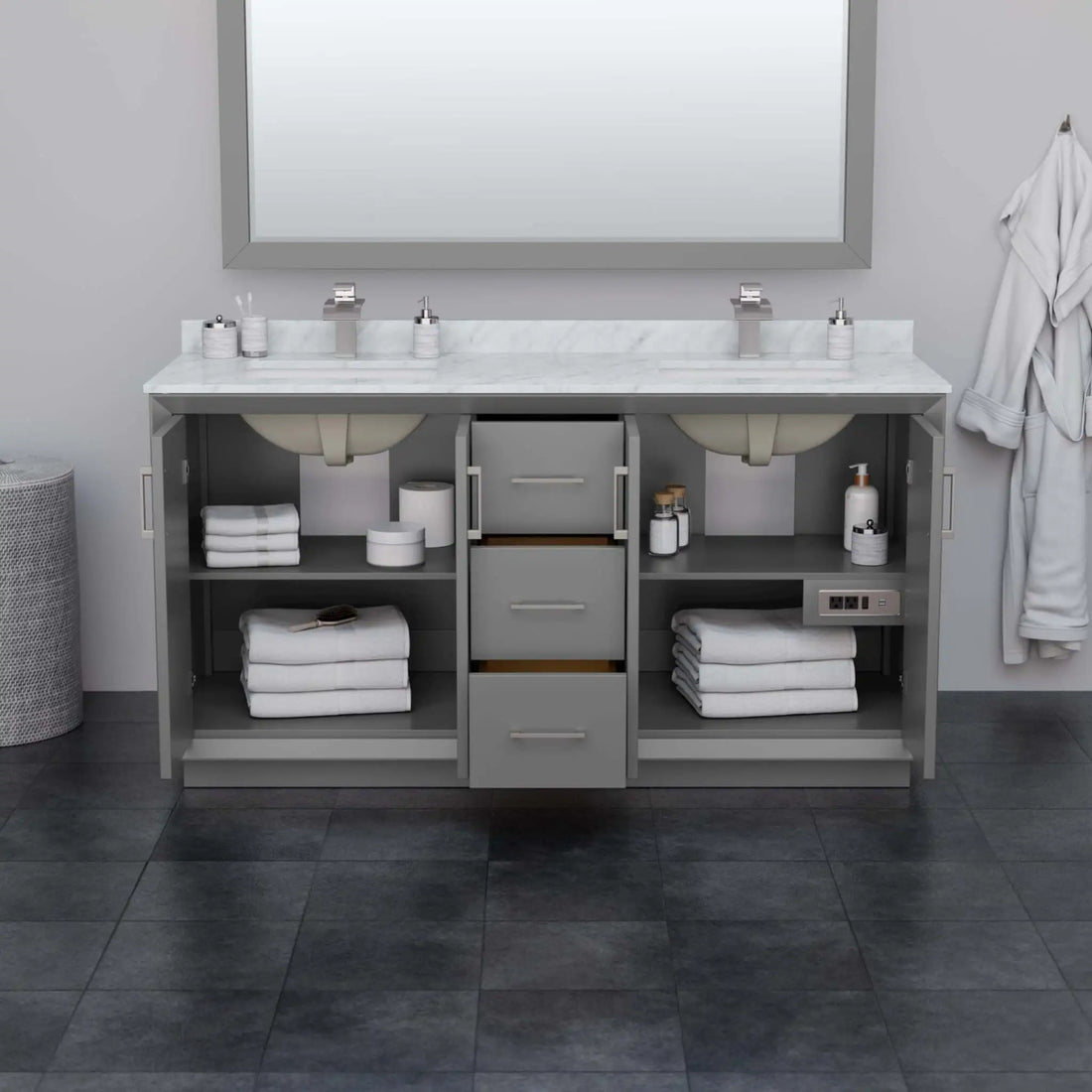 66" Strada Double Bathroom Vanity in Dark Gray with Matte Black Trim by Wyndham