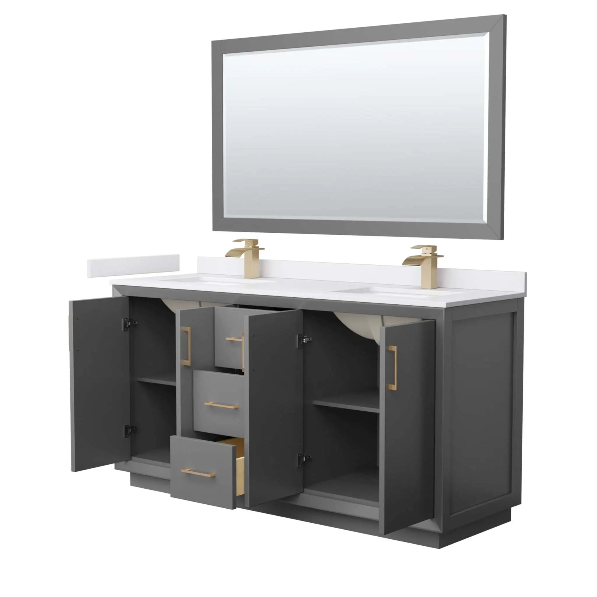 66" Strada Double Bathroom Vanity in Dark Gray with Satin Bronze Trim & 58" Mirror by Wyndham