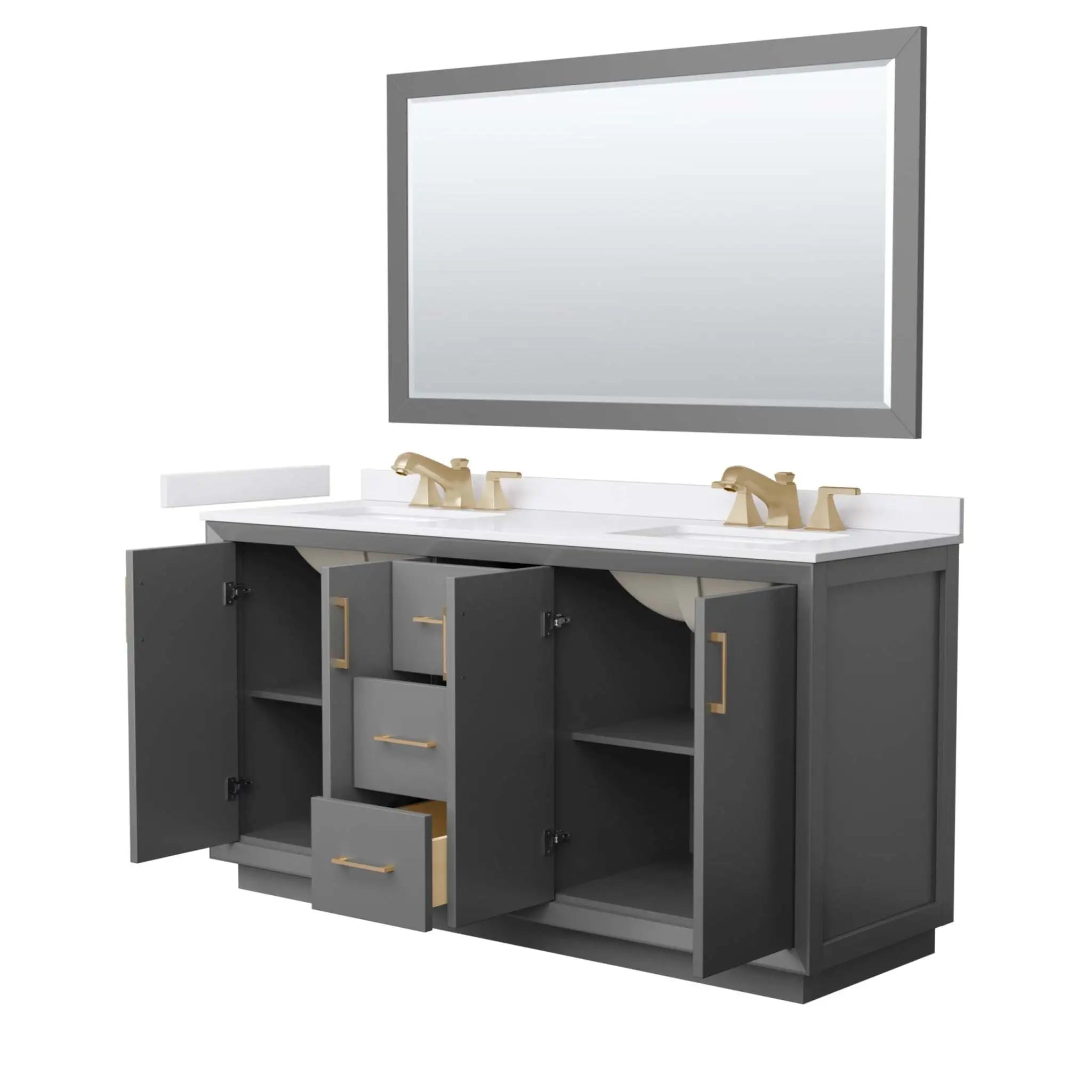 66" Strada Double Bathroom Vanity in Dark Gray with Satin Bronze Trim & 58" Mirror by Wyndham