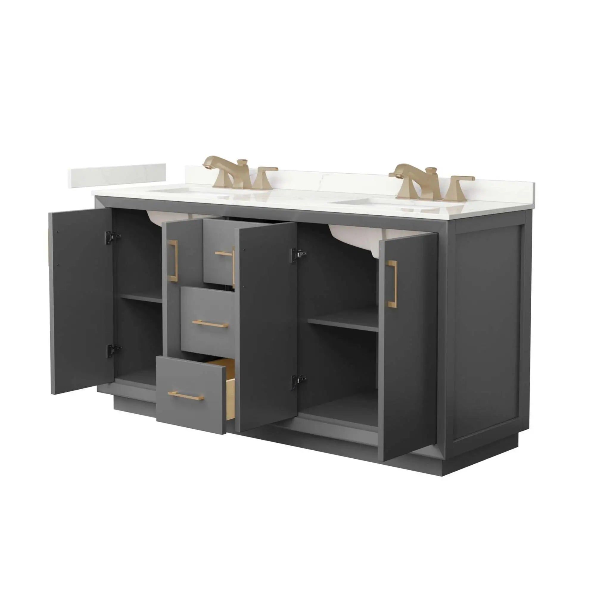 66" Strada Double Bathroom Vanity in Dark Gray with Satin Bronze Trim by Wyndham