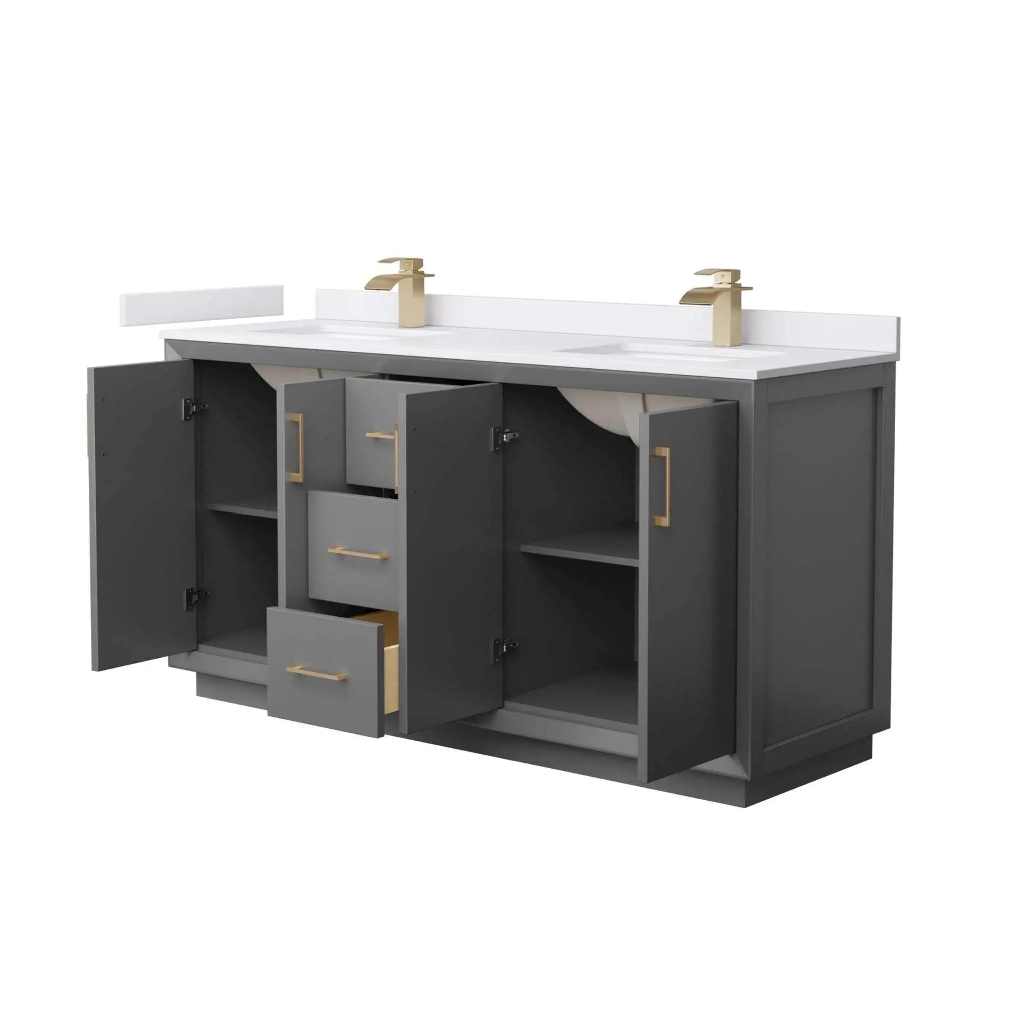 66" Strada Double Bathroom Vanity in Dark Gray with Satin Bronze Trim by Wyndham
