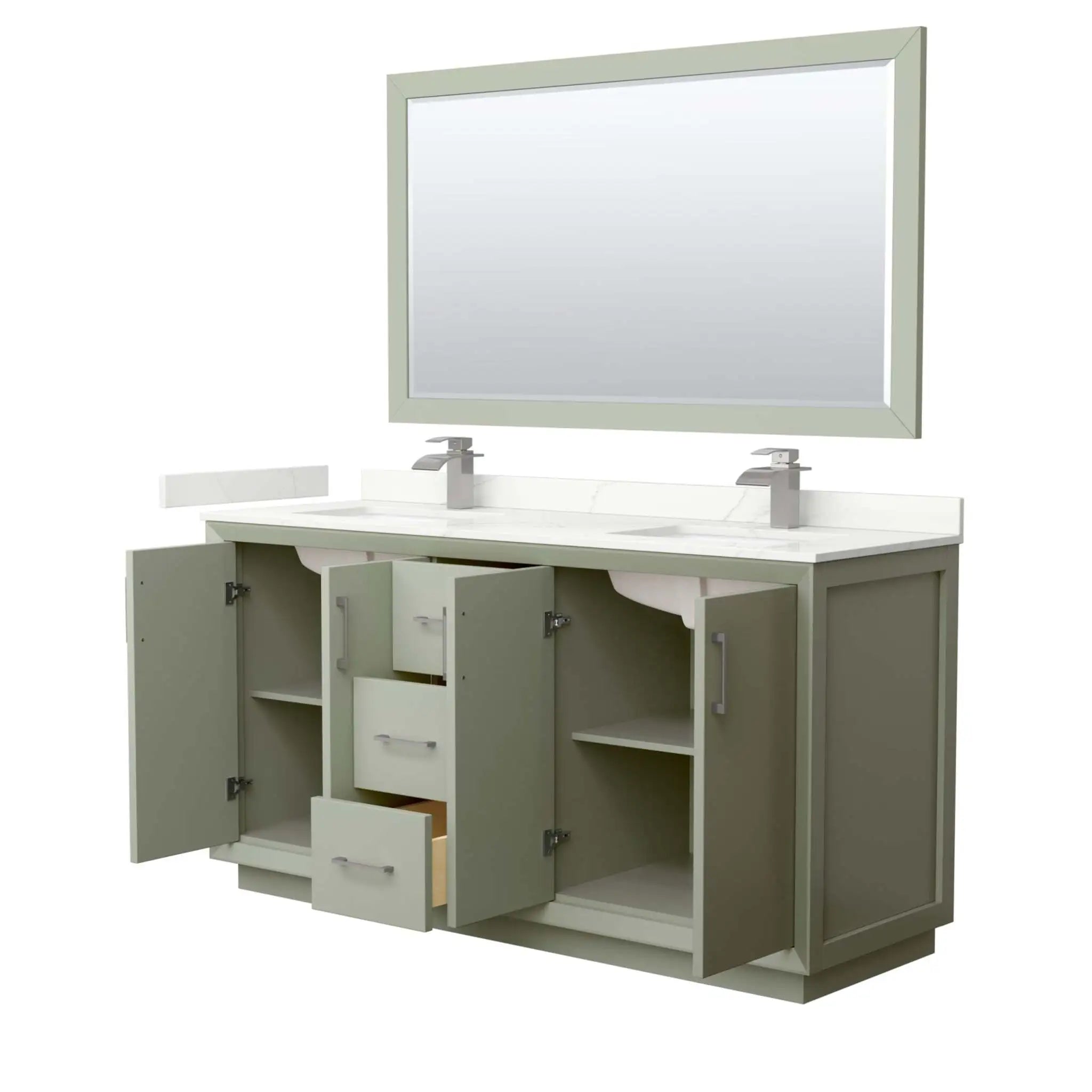 66" Strada Double Bathroom Vanity in Light Green with Brushed Nickel Trim & 58" Mirror by Wyndham