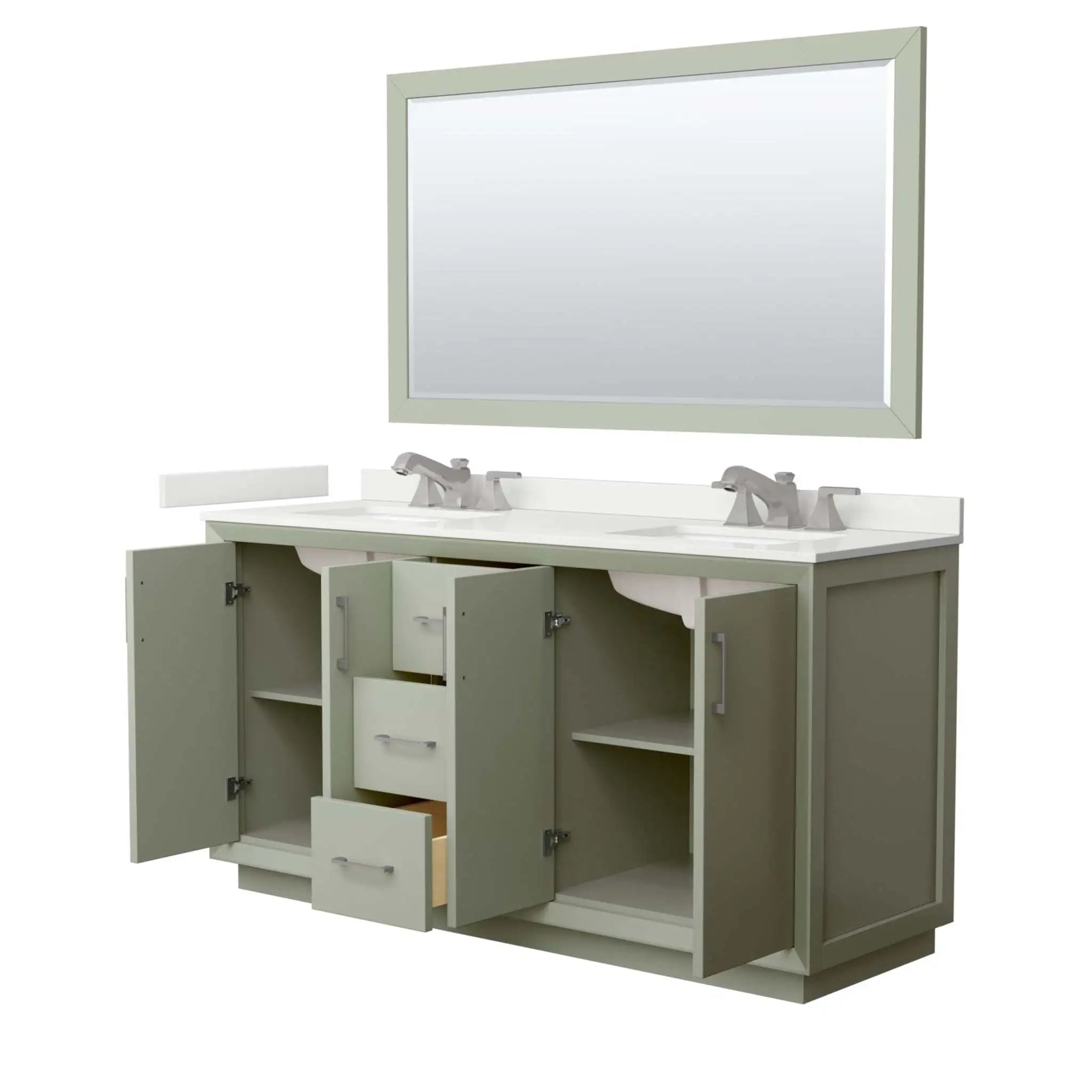 66" Strada Double Bathroom Vanity in Light Green with Brushed Nickel Trim & 58" Mirror by Wyndham