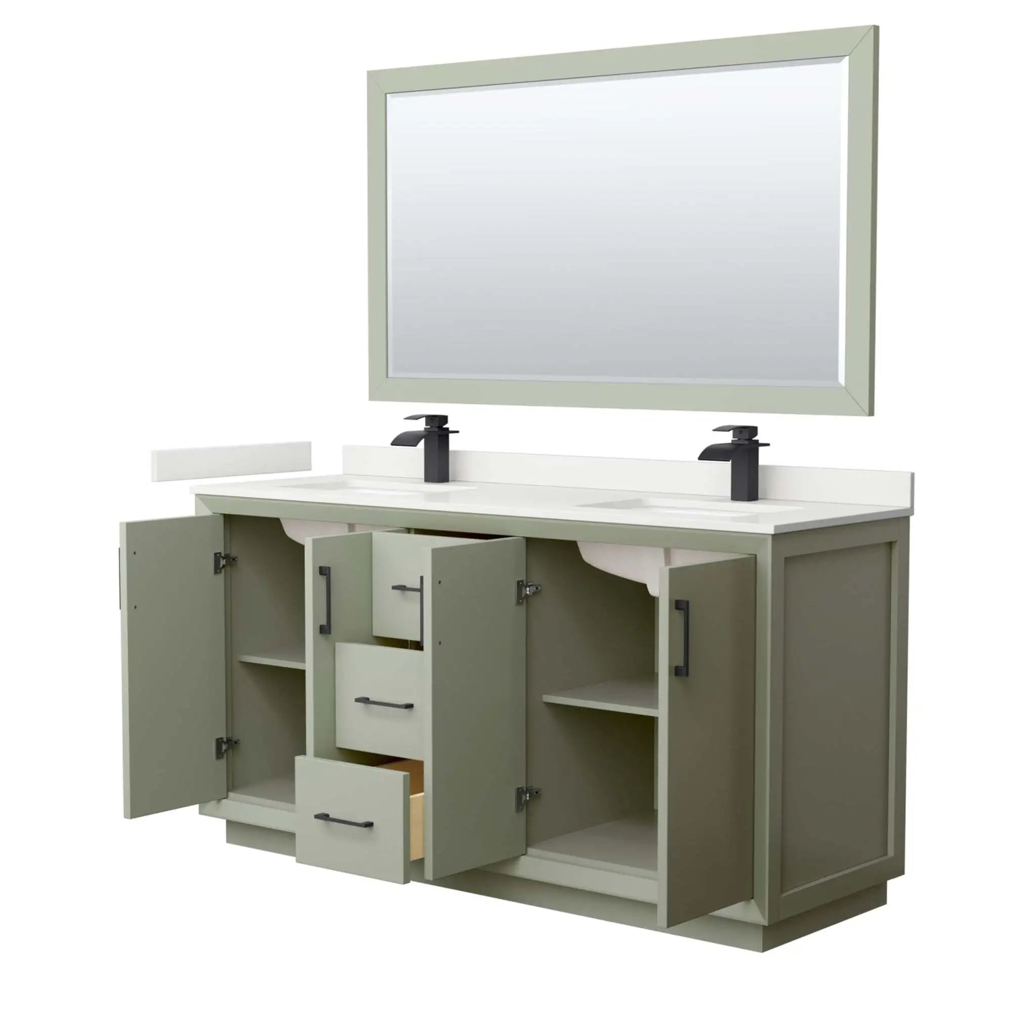 66" Strada Double Bathroom Vanity in Light Green with Matte Black Trim & 58" Mirror by Wyndham