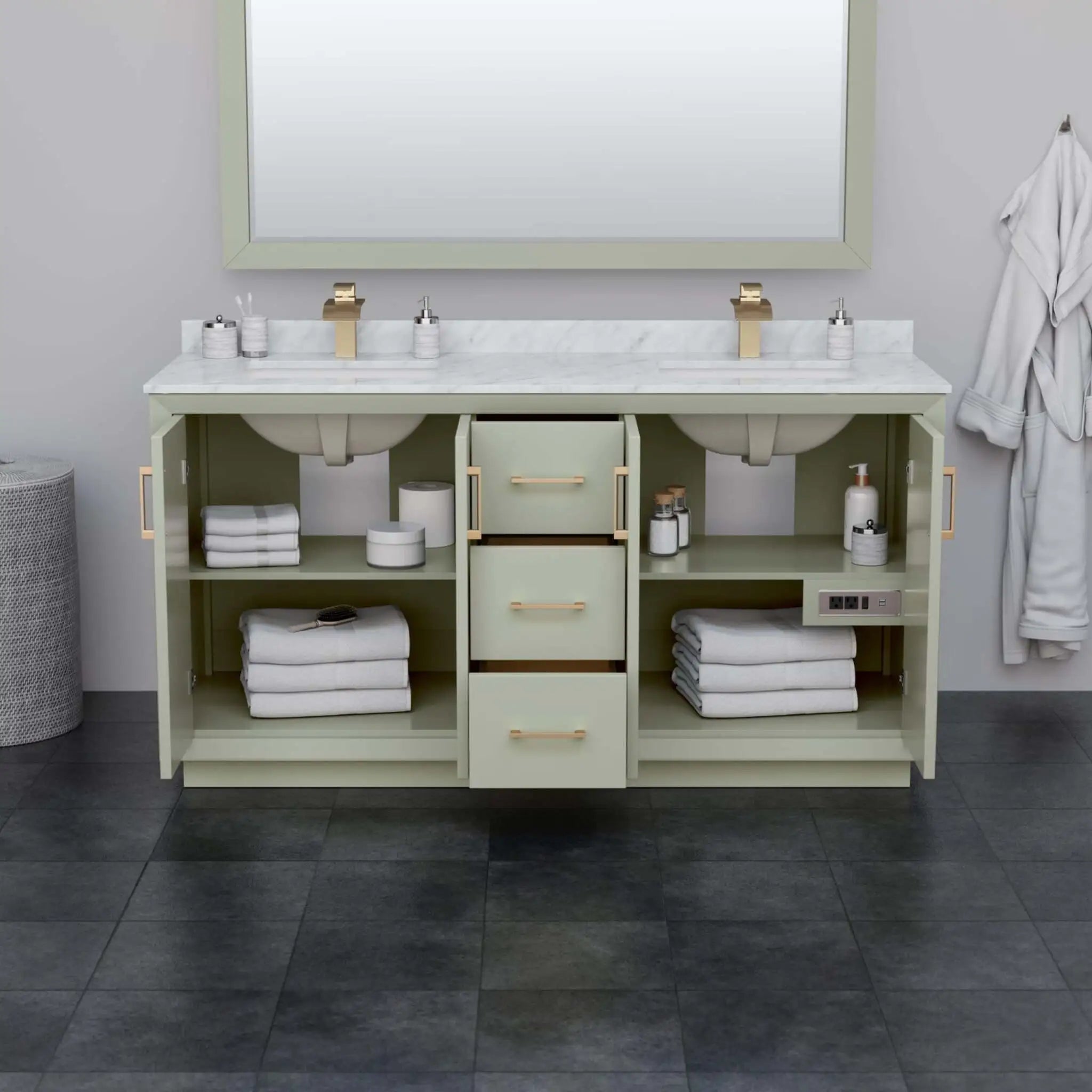 66" Strada Double Bathroom Vanity in Light Green with Matte Black Trim by Wyndham