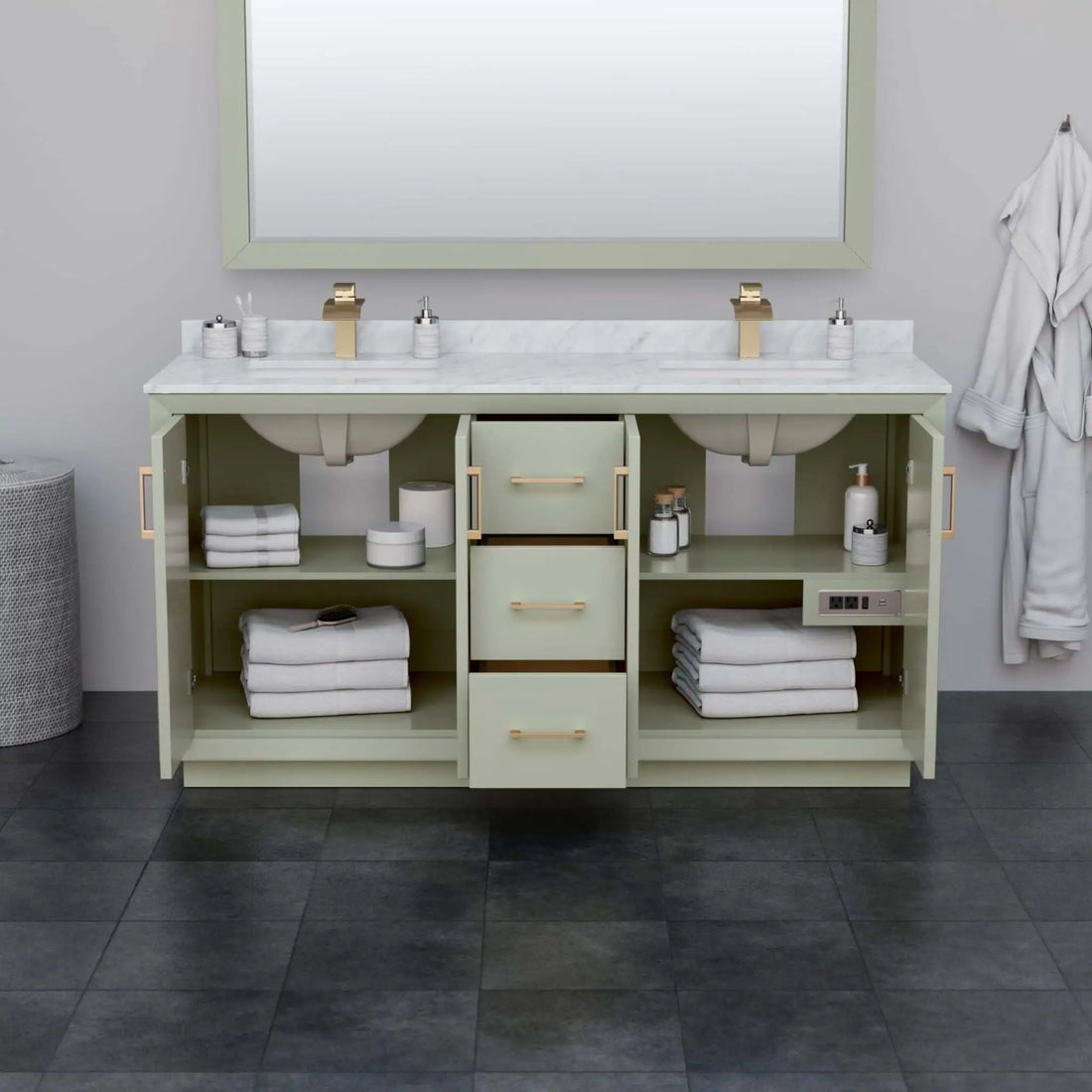 66" Strada Double Bathroom Vanity in Light Green with Matte Black Trim by Wyndham