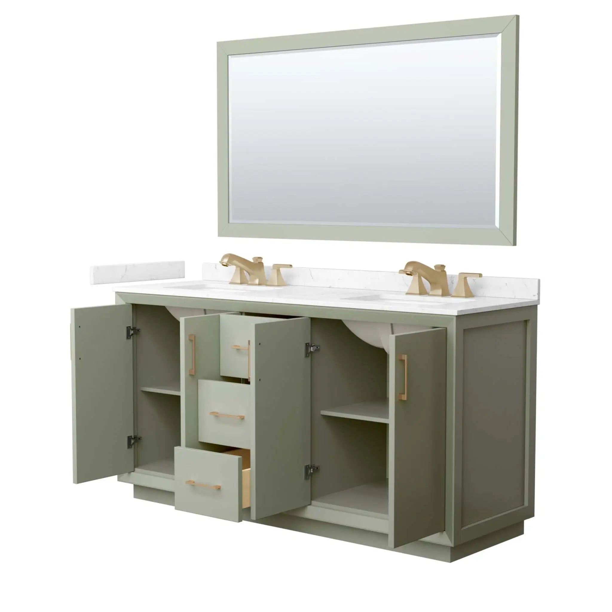 66" Strada Double Bathroom Vanity in Light Green with Satin Bronze Trim & 58" Mirror by Wyndham